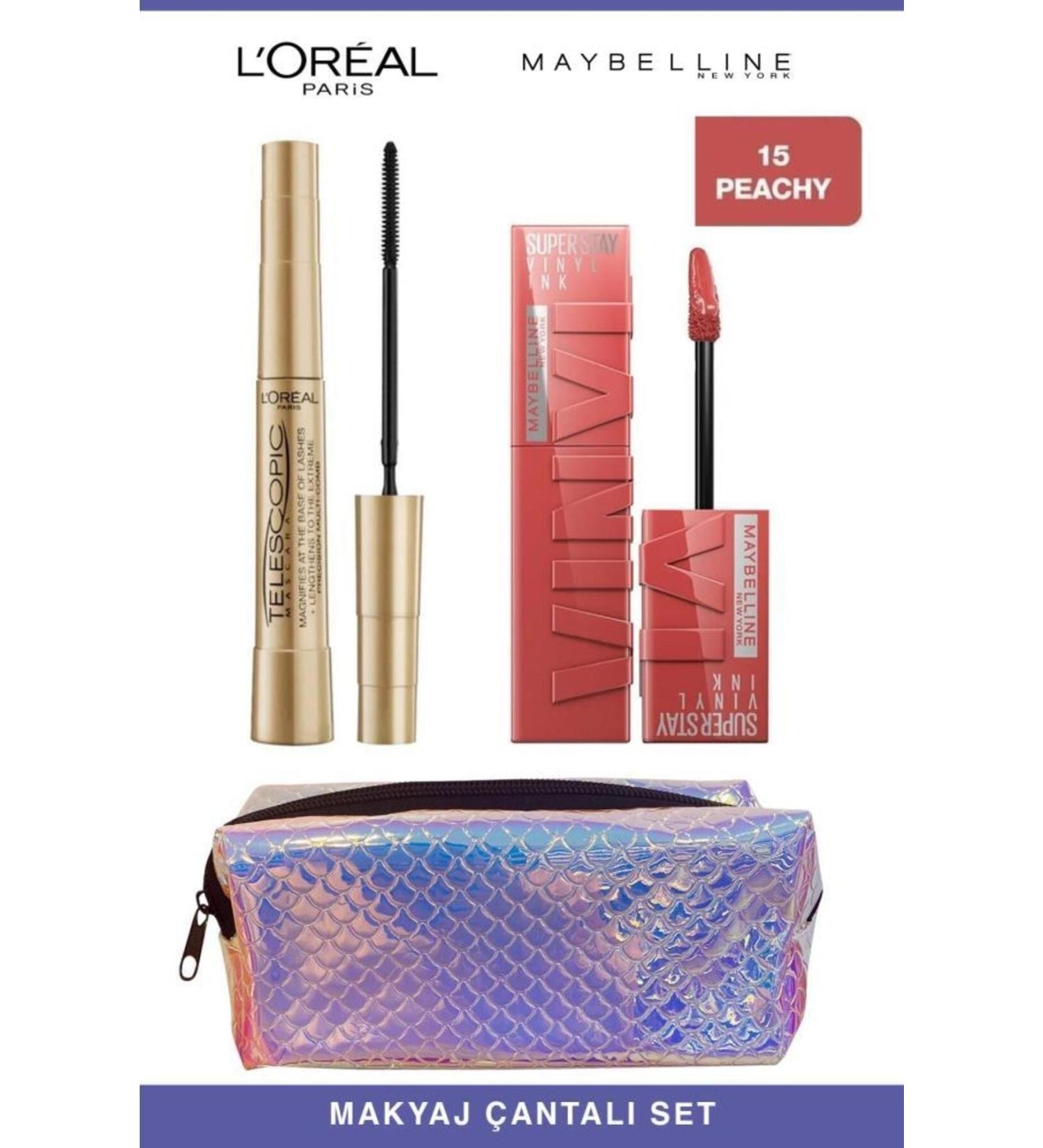 L'Oreal Paris Loreal Telescopic Instant Long Lashes-Maybelline Permanent and Full Lips 15 Peachy Makeup Set - Buy Online on GoSupps.com