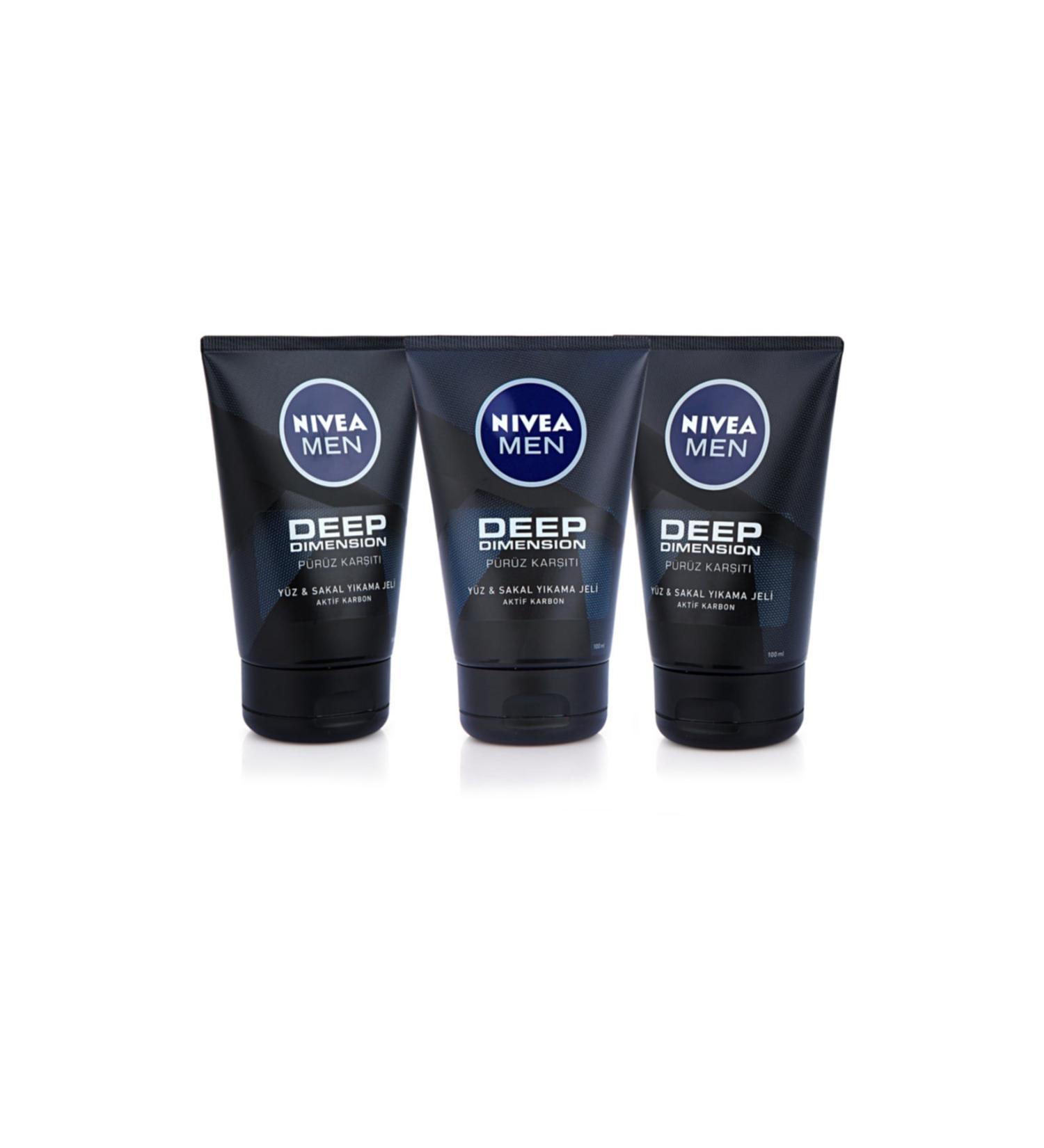 NIVEA Men Deep Dimension Face & Beard Cleansing Gel 100 ml 3-Pack Advantage Pack
