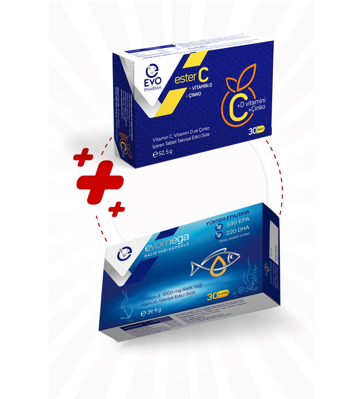 EVOPHARMA Evomega Omega 3 1000mg Fish Oil 30 Capsules + Ester Vitamin C and Zinc Supplementary Food 30 Tablets