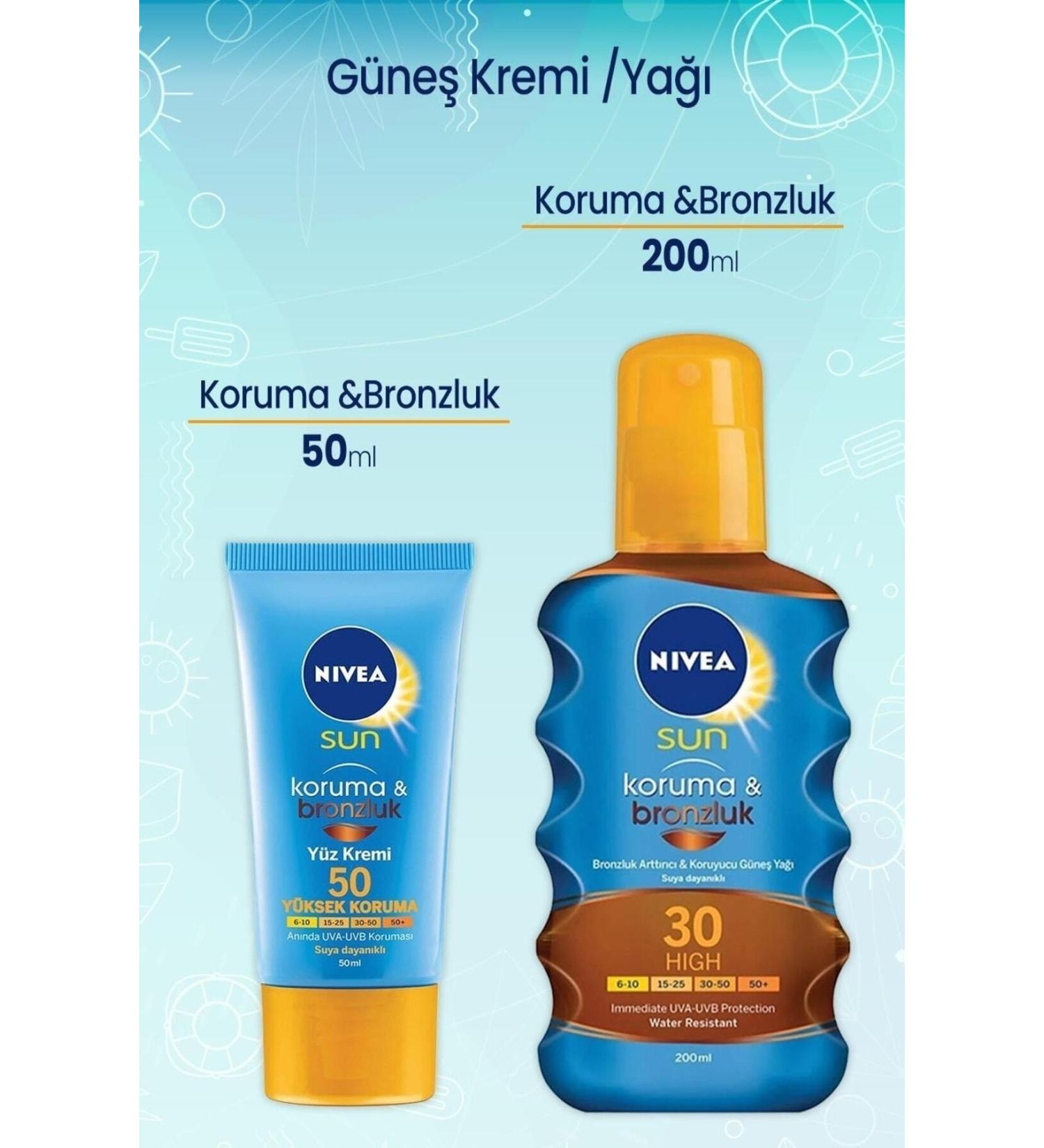 NIVEA Sun Protection and Tan Oil 30 200 ml and 50 Factor Sun Cream for Face 50 ml