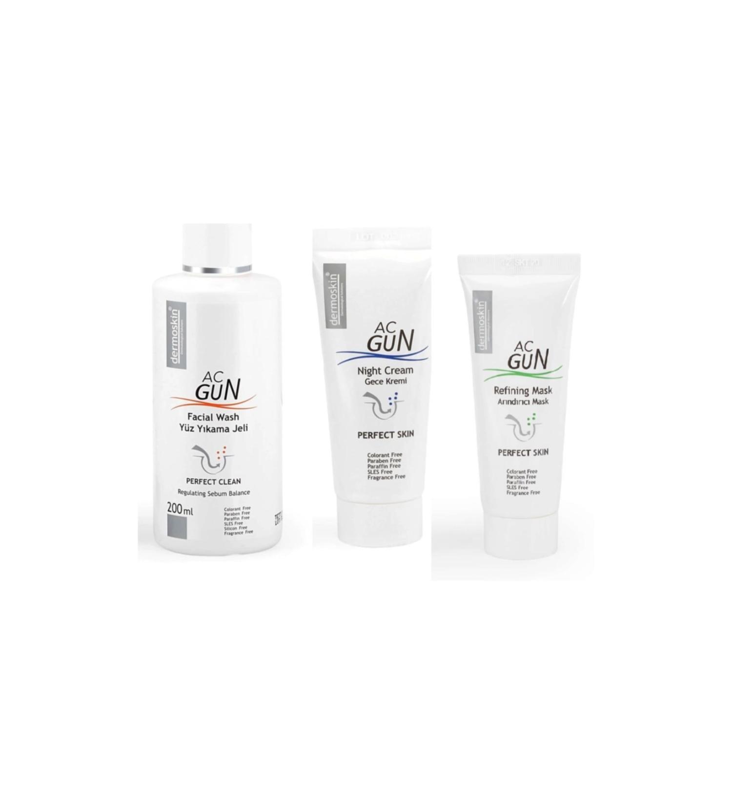 Dermoskin Acnegun Care Night Cream 30 ml Purifying Mask 30 ml Face Wash Gel 200ml Common Acne Prone Set