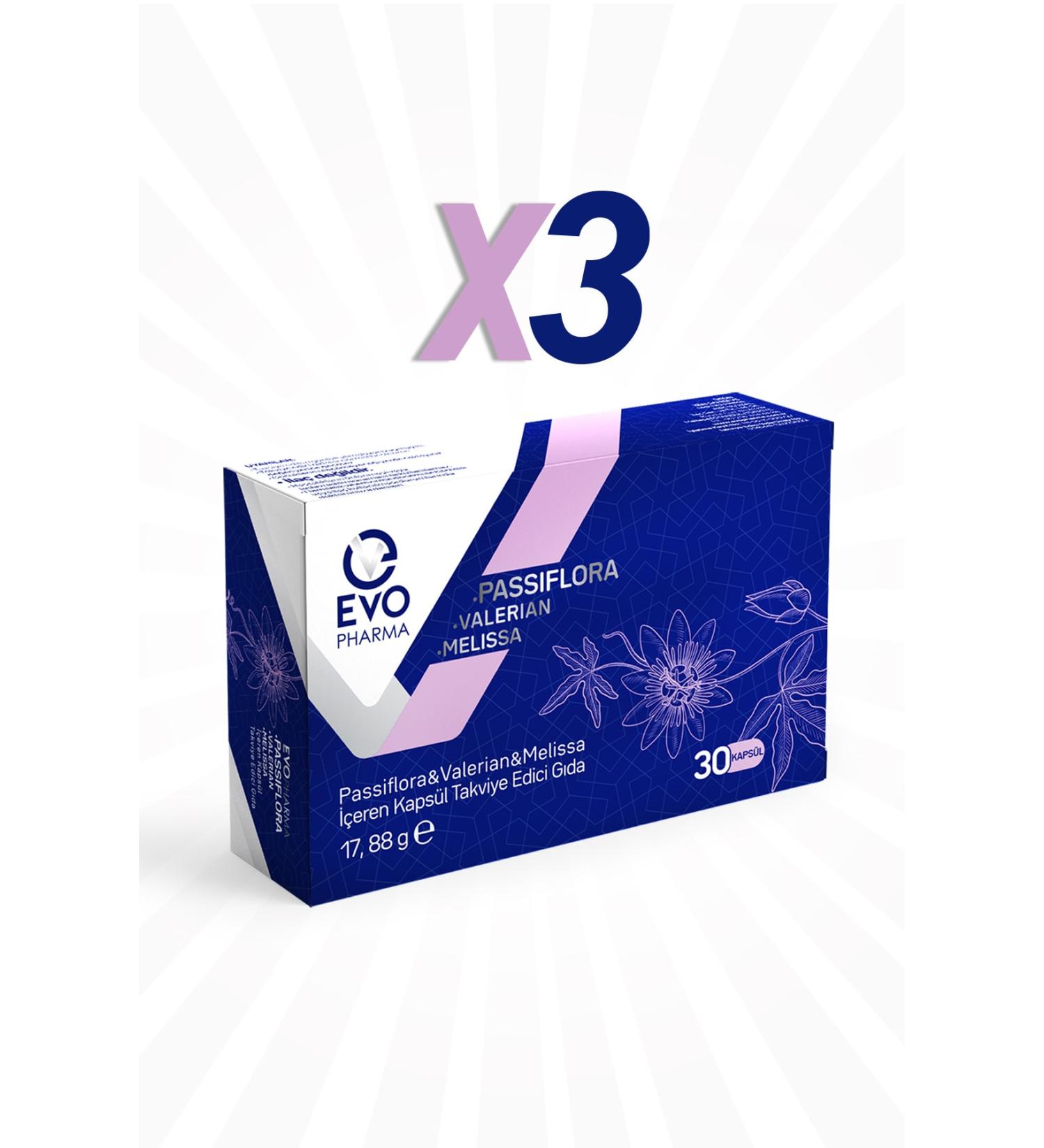 EVOPHARMA Passiflora and Valerian and Melissa Containing Supplementary Food 30 Capsules 3 Pieces