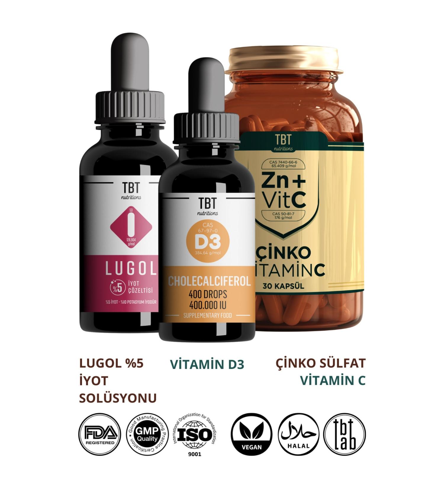 Tabitat Natural Lugol 5% Iodine Solution - Zinc + Vitamin C Capsule - Vitamin D3 Cholecalciferol Drops - Buy Online on GoSupps.com