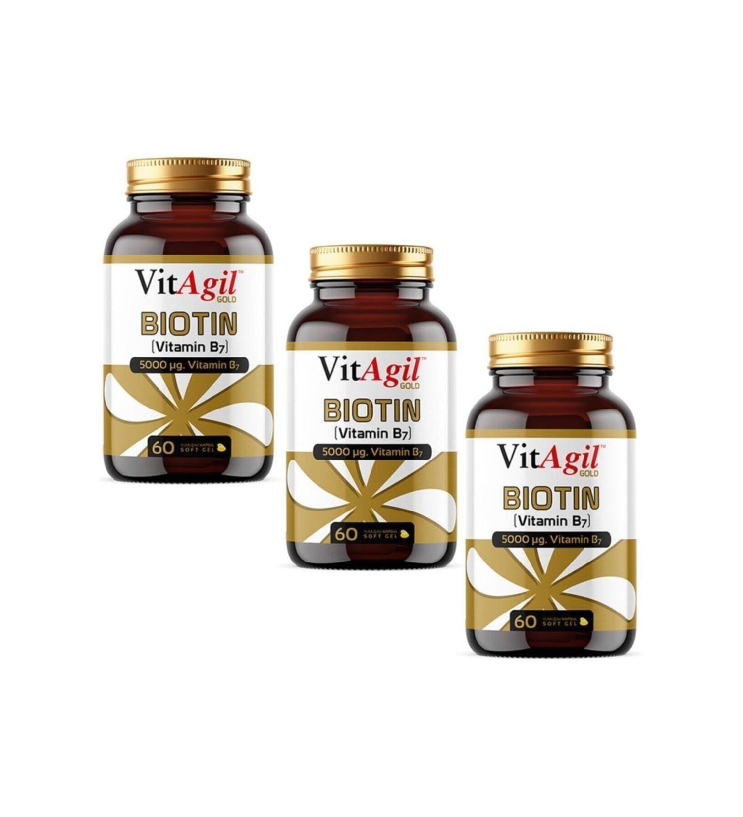 Allergo 3 Pieces Vitagil Gold 5000 Mcg Biotin Vitamin B7 60 Capsules