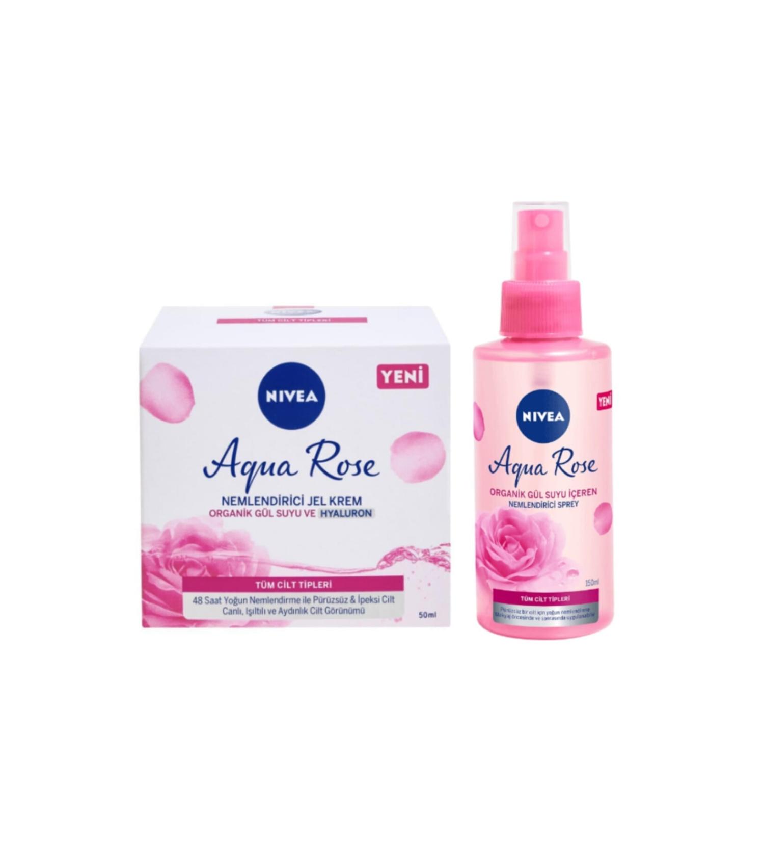 NIVEA Aqua Rose Moisturizing Gel Cream for All Skin Types 50ml + Aqua Rose Moisturizing Spray 150ml Set