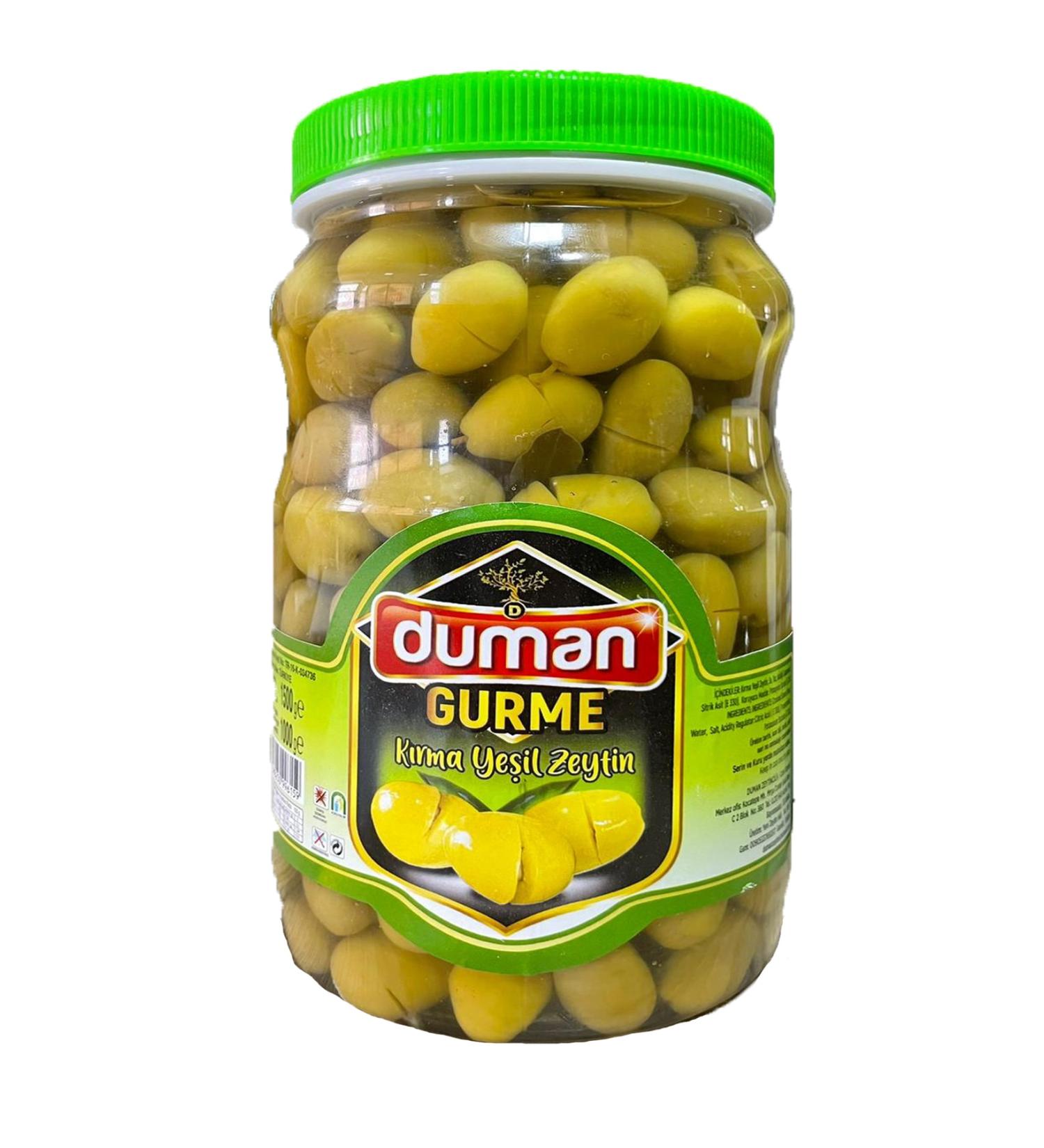 DUMAN GURME FIRST QUALITY BREAKFAST CRACKED GREEN OLIVES JAR 1000 GR