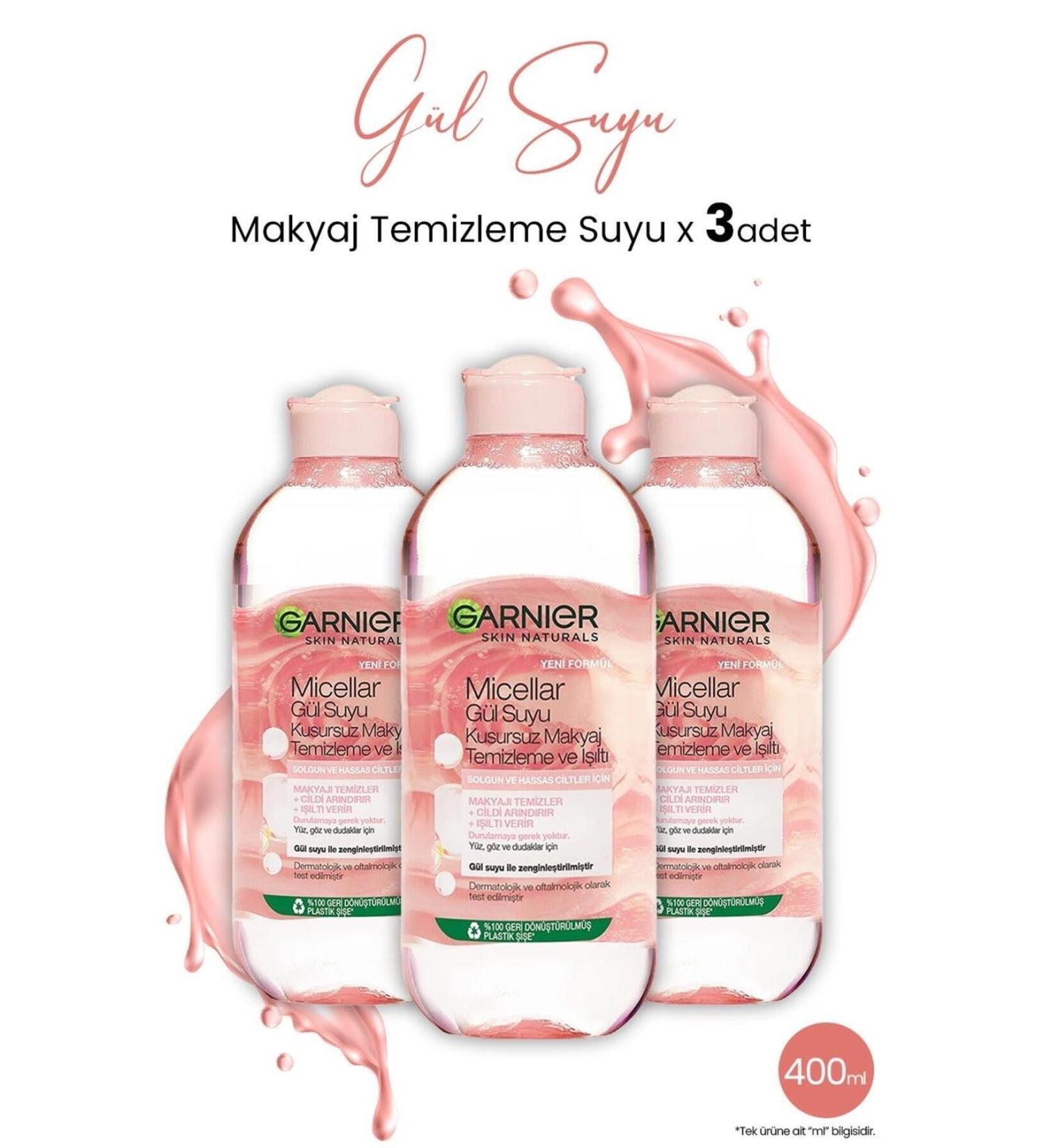 Garnier Micellar Rose Water Flawless Make-Up Remover 400 ml x 3 Pcs