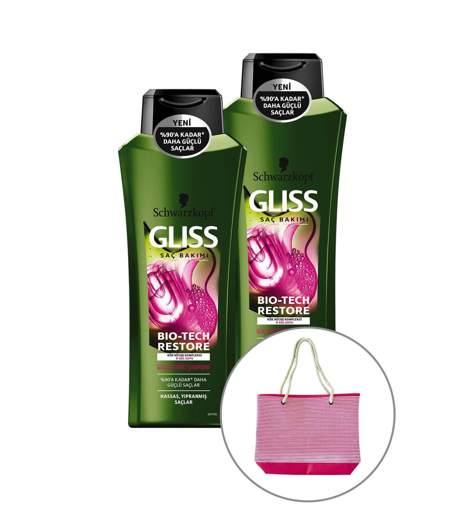 Gliss Bio-Tech Strengthening Shampoo 525 ml x 2 Pieces + Beach Bag