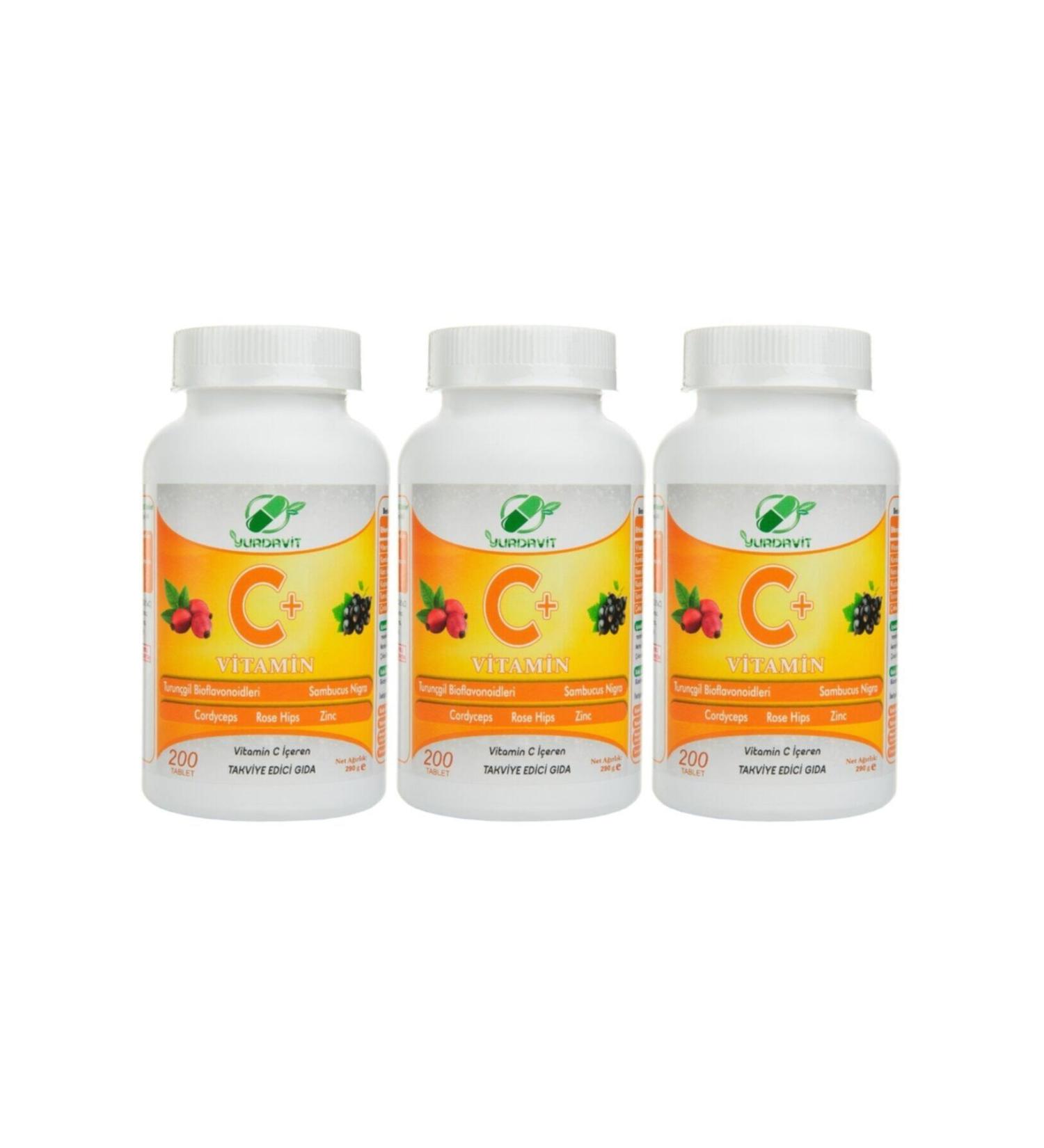 Yurdavit Vitamin C 1000 Mg Rose Hips Sambucus Nigra Zinc Cordyceps Citrus 3 Pieces 200 Tablets