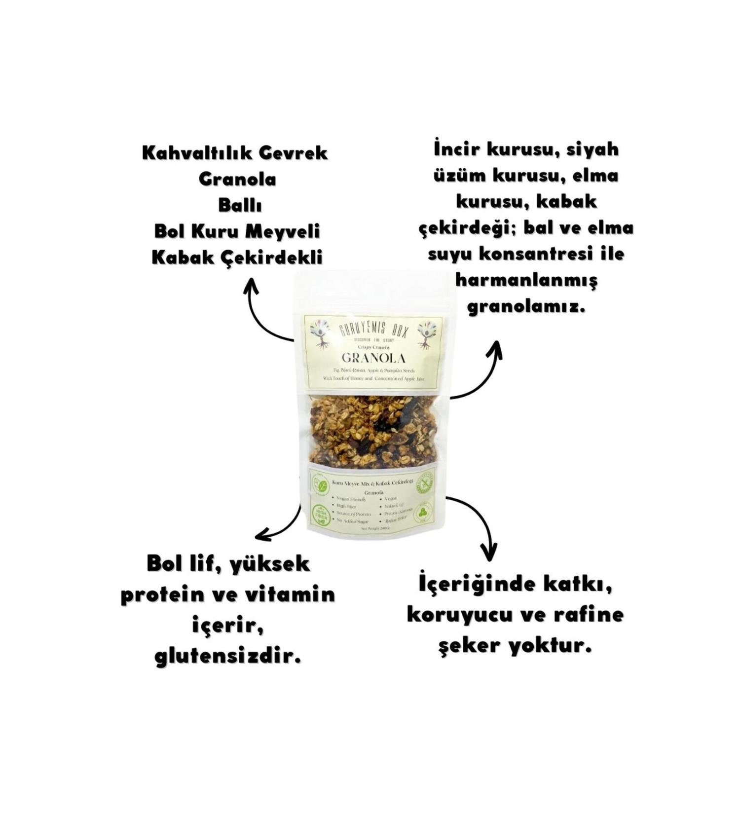 GURUYEM BOX Granola Breakfast Cereal Lots of Honey Dried Fruit Pumpkin Seeds Fig Grape & Apple Sugar Free 240gr