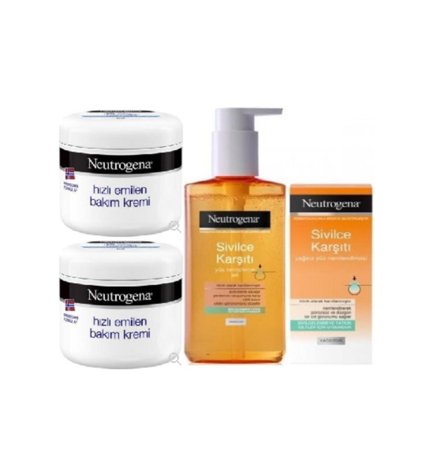 Neutrogena Fast Absorbing Care Cream 300 ml Anti-Acne Face Cleansing Gel 200 ml and Oil-Free Face Moisturizer 50 ml