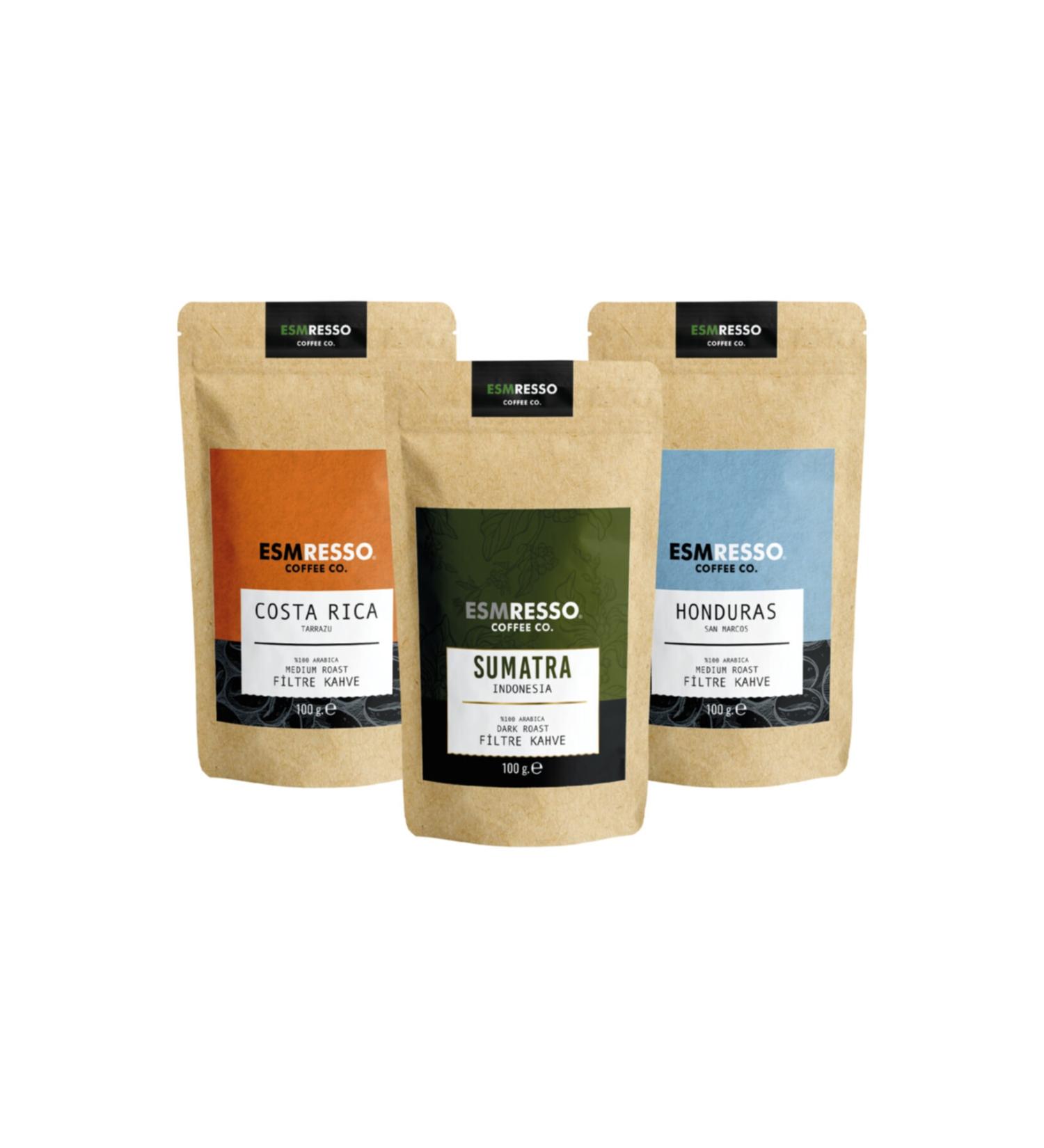 Esmresso 3-Piece Coffee Trial Pack - Sumatra Honduras Costa Rica Ground Coffee 3 X 100 gr
