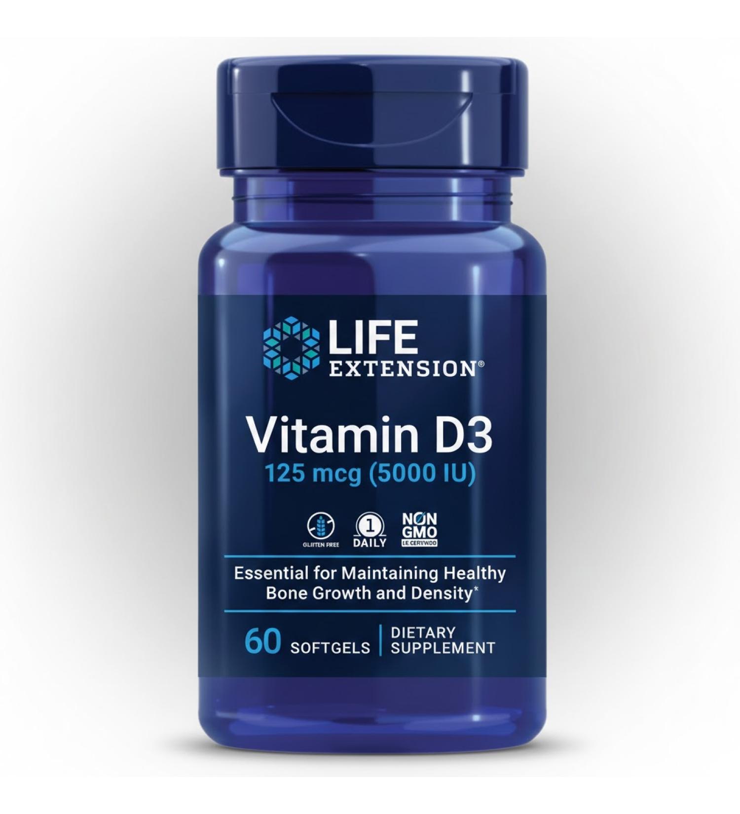 Life Extension Vitamin D3 125 mcg (5000 IU) - 60 Softgels for Immune Support - Buy Online on GoSupps.com