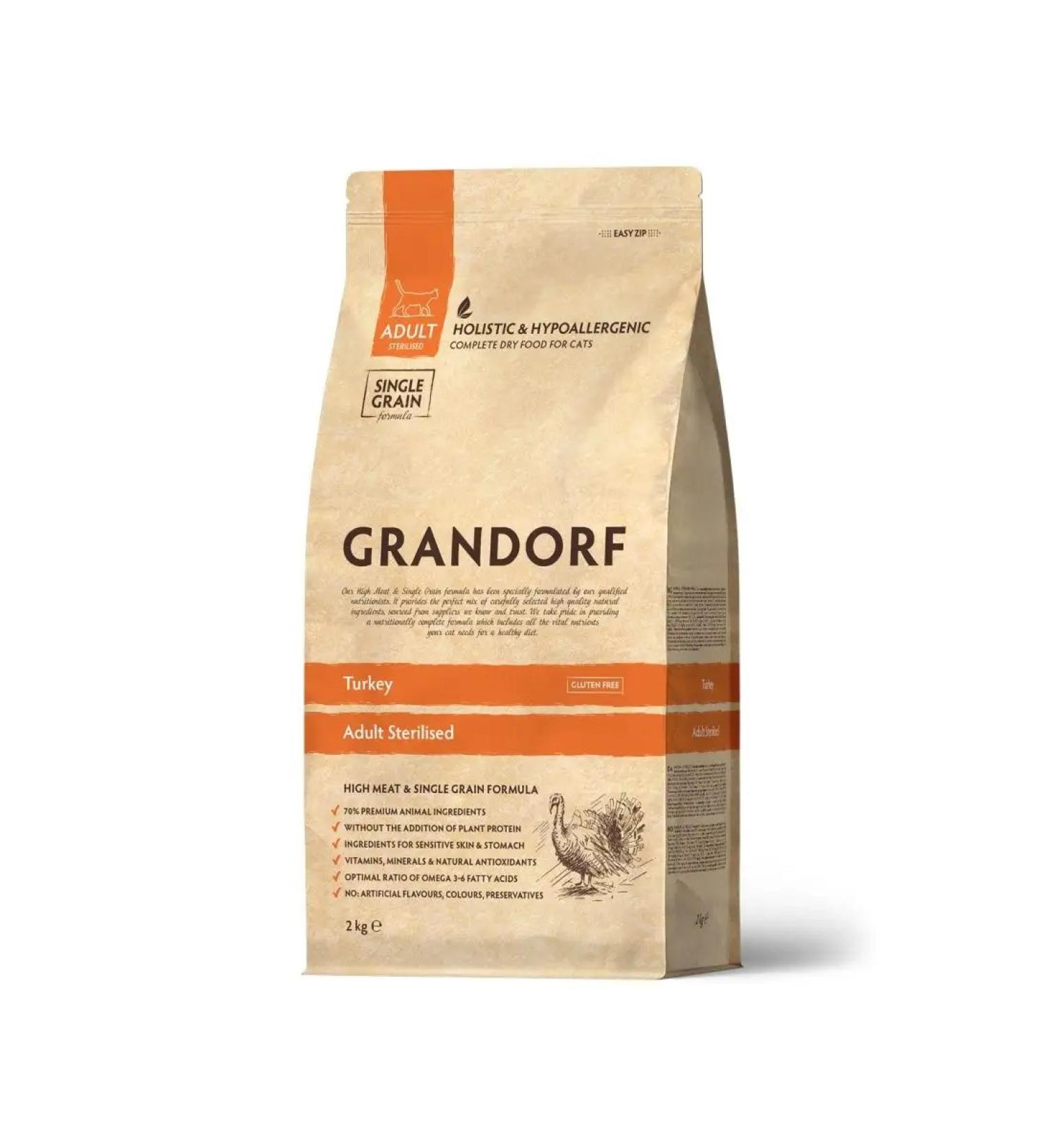 Grandorf Dry food turkey for sterilized cats 2kg - Buy Online on GoSupps.com
