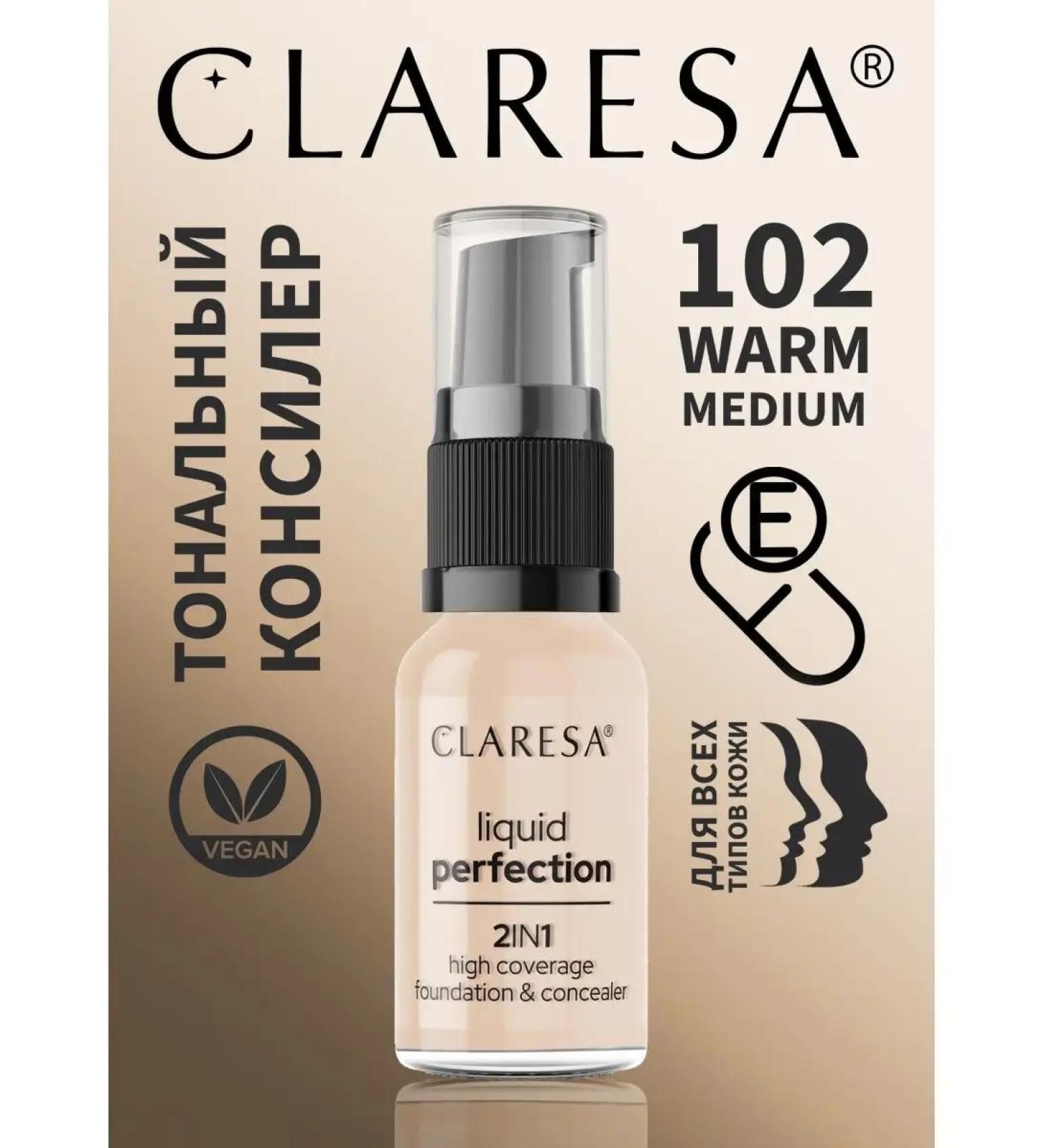 CLARESA Tonal base and concealer Liquid Perfect No. 102 Warm Medium - Buy Online on GoSupps.com