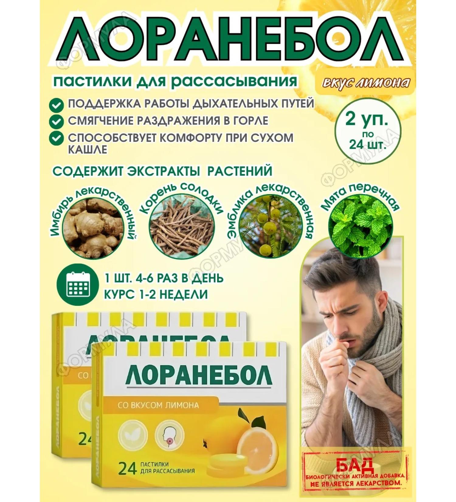 Loranebol Leglets for the throat with coughing. Limon 24pcs. - Buy Online on GoSupps.com