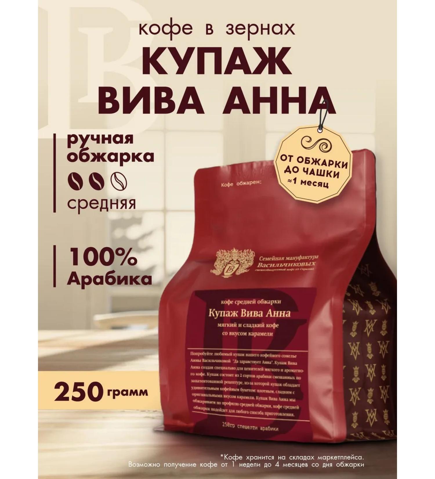 Vasilchikov Coffee Coffee in grains viva Anna 250 grams of arabica 100% - Buy Online on GoSupps.com