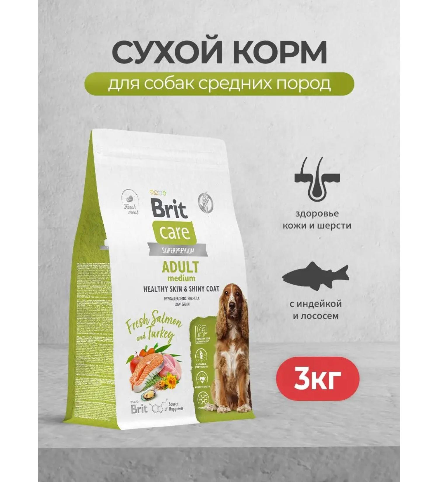 Brit Care food for medium dogs for skin and wool with salmon 3kg - Buy Online on GoSupps.com