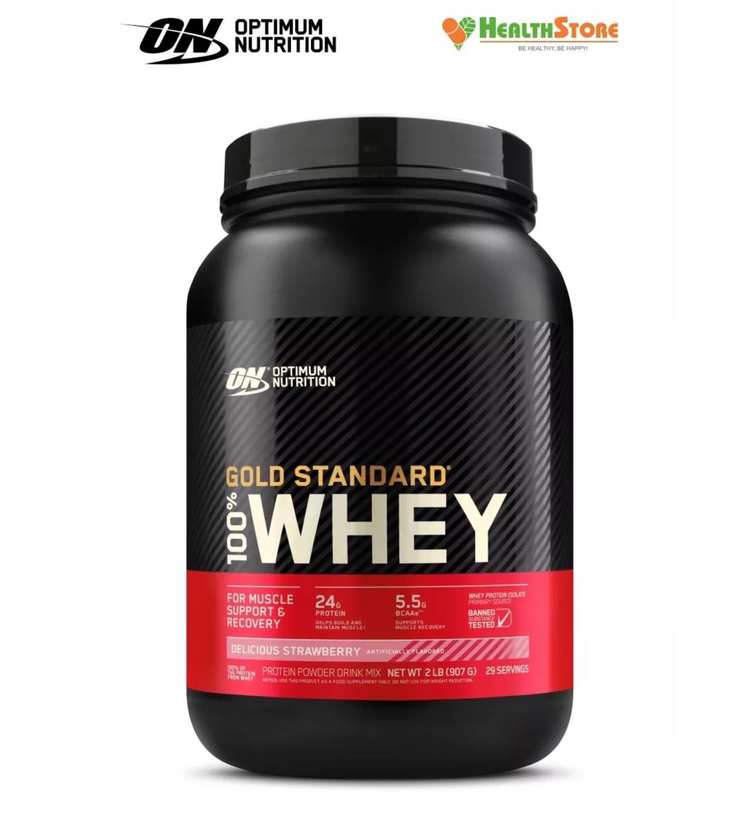 Optimum Nutrition Protein Gold Standard 100% Whey 909 g - tasty strawberries - Buy Online on GoSupps.com