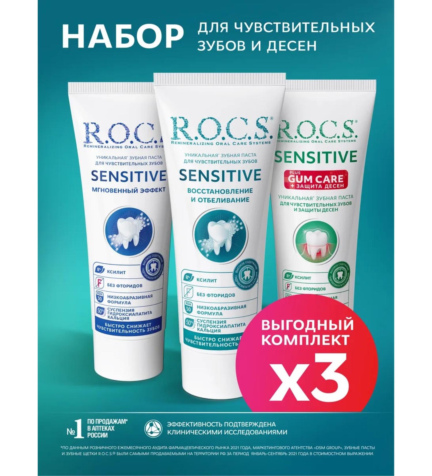 ROCS Toothpaste for sensitive teeth set of 3 pcs 94g - Buy Online on GoSupps.com