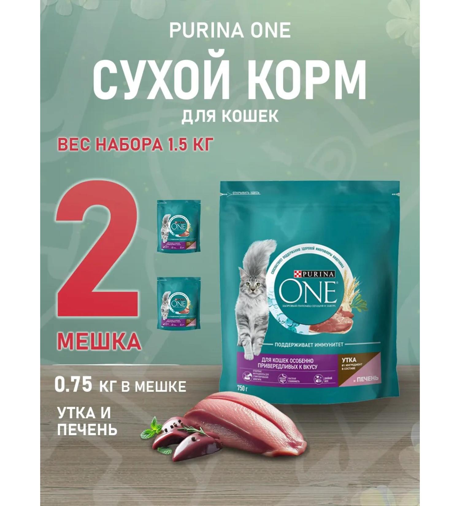 PURINA ONE Dry food for fastidious cats duck liver 0.75 kg 2 pcs - Buy Online on GoSupps.com