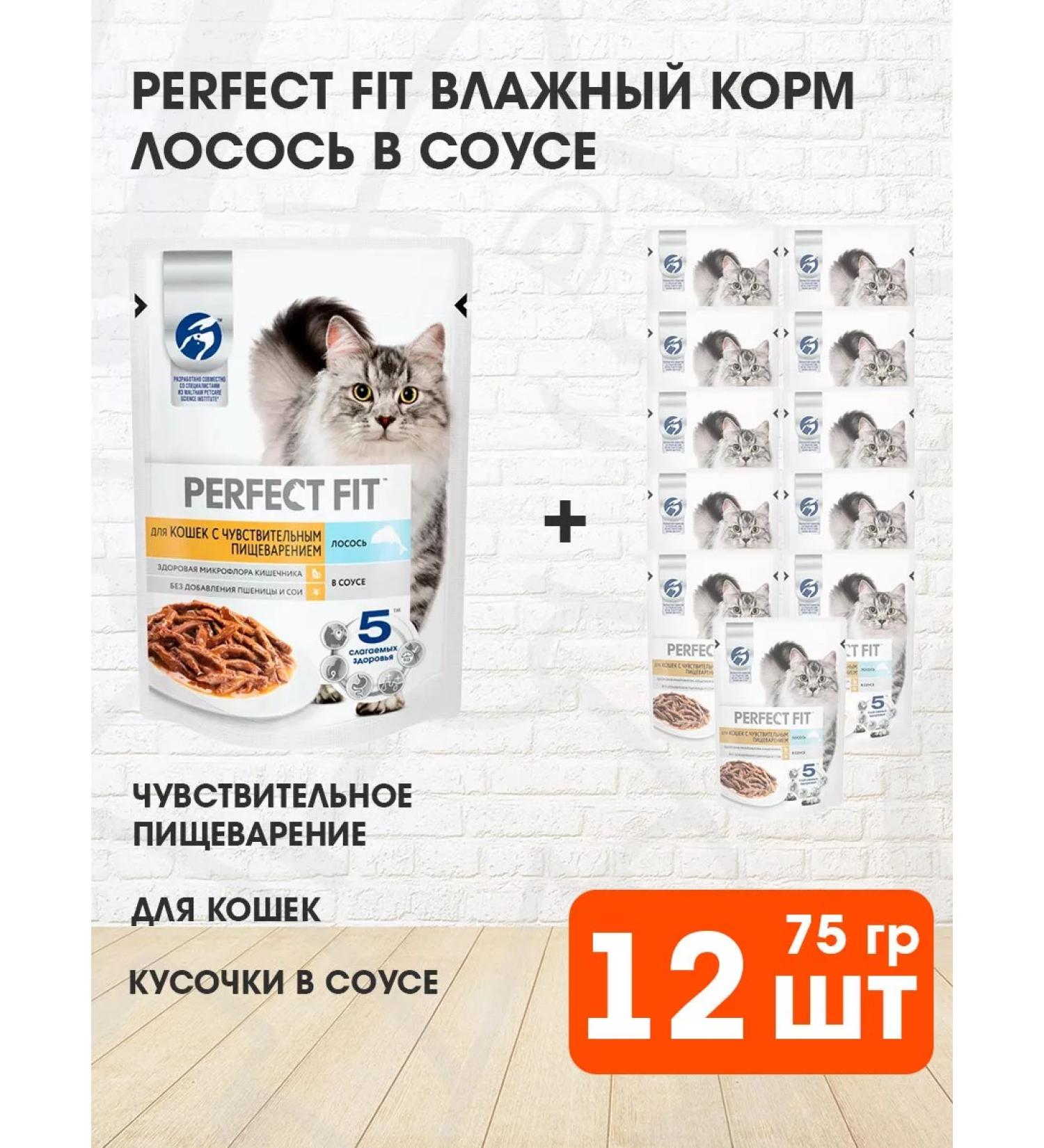 PERFECT FIT Wet feed for sensitive cats salmon 75 g 12 pcs - Buy Online on GoSupps.com