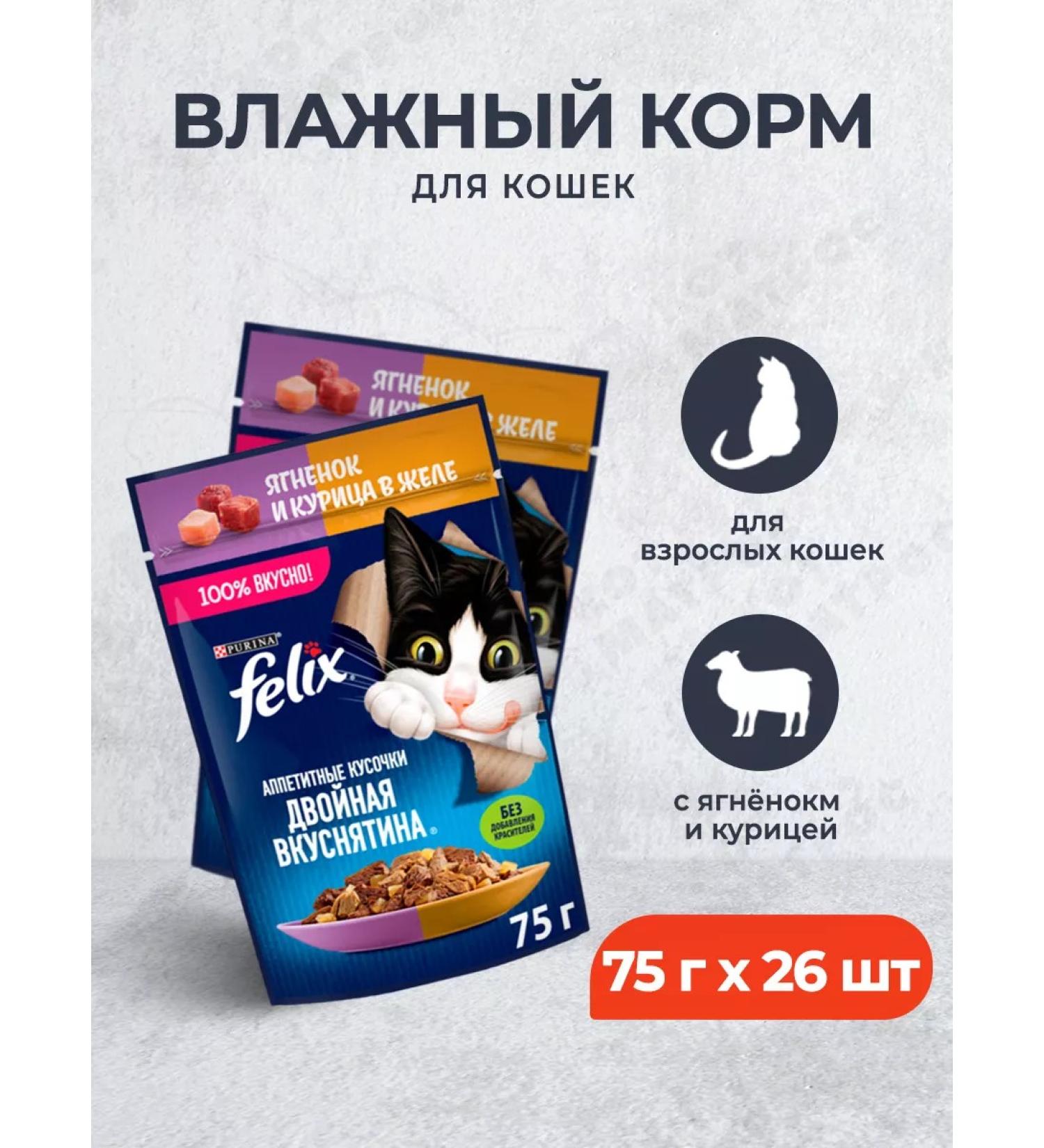 FELIX Wet food for cats with lamb and chicken - 75 g x 26 pcs - Buy Online on GoSupps.com