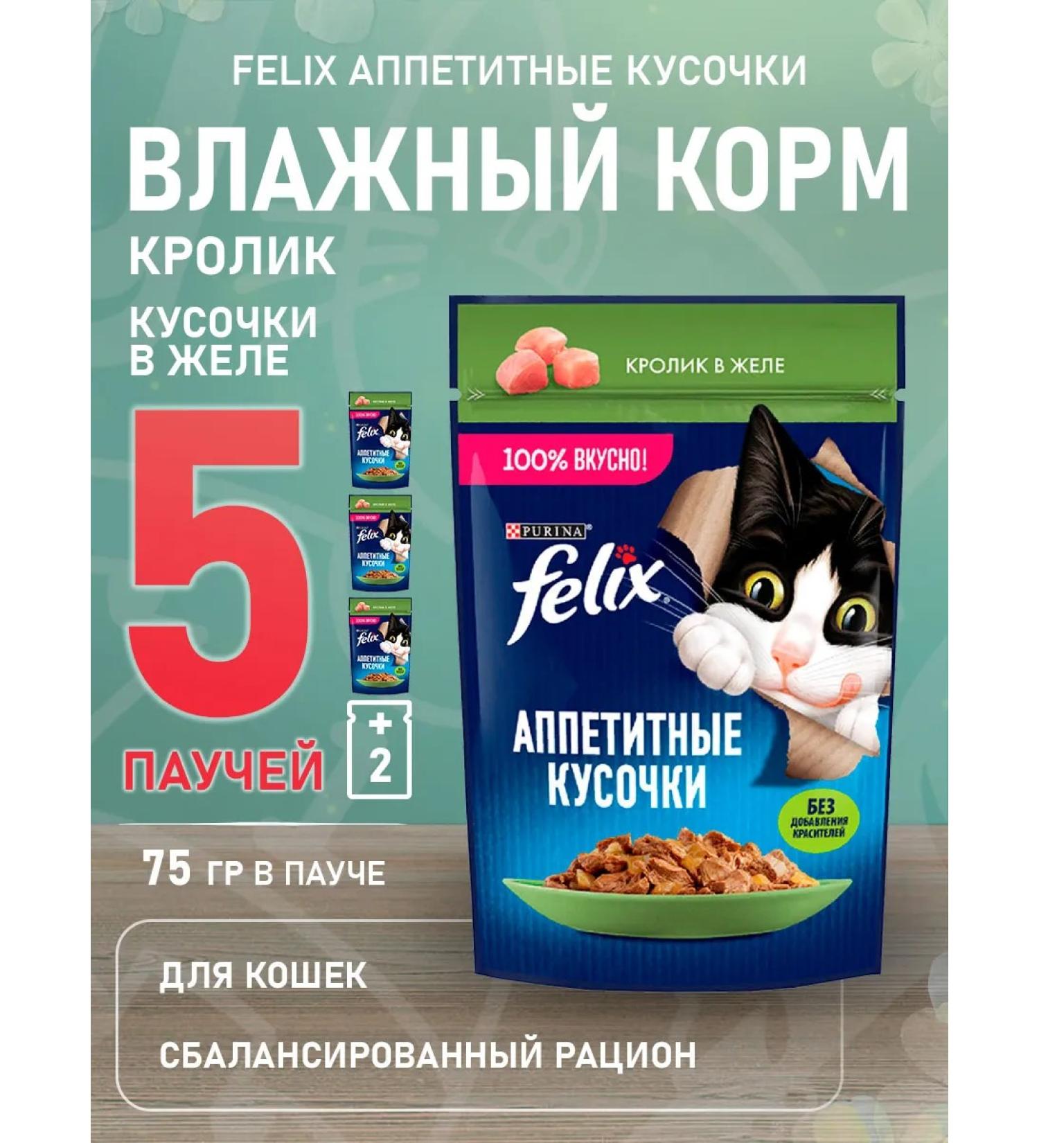 FELIX Wet feed appetizing pieces for cats rabbit 75 g 5 pcs - Buy Online on GoSupps.com