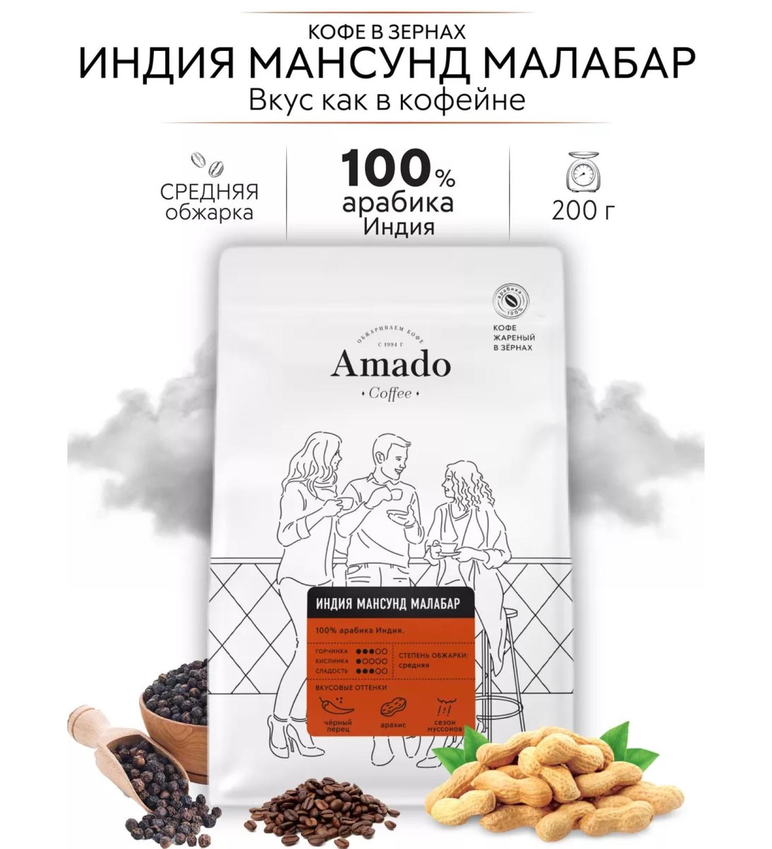 Amado Coffee in grains India Mansunda Malabar 200 gr - Buy Online on GoSupps.com