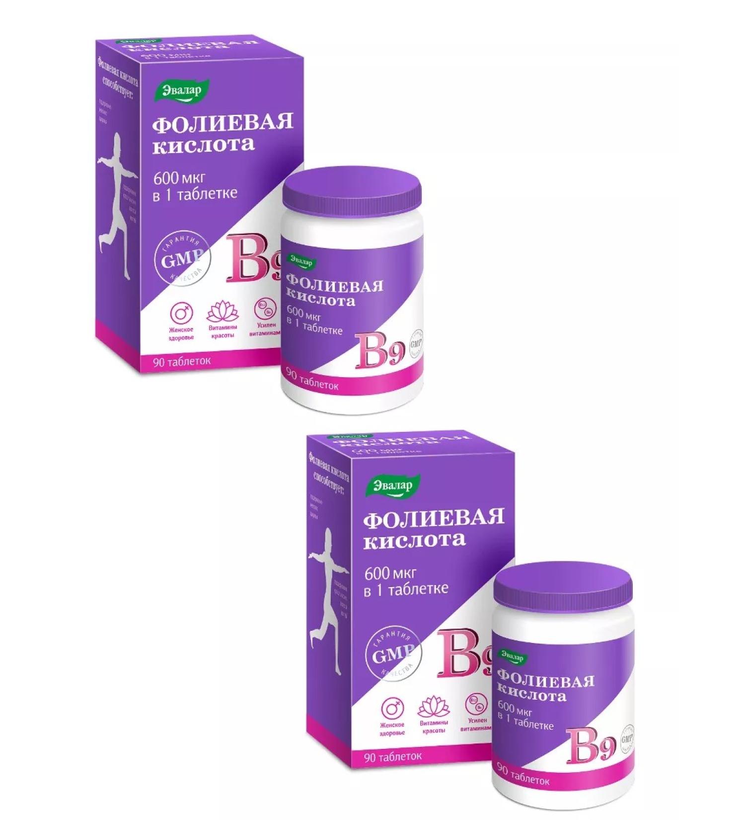 Evalar Folic acid 600 g with vitamins B12 and B6 90pcs 2Up - Buy Online on GoSupps.com
