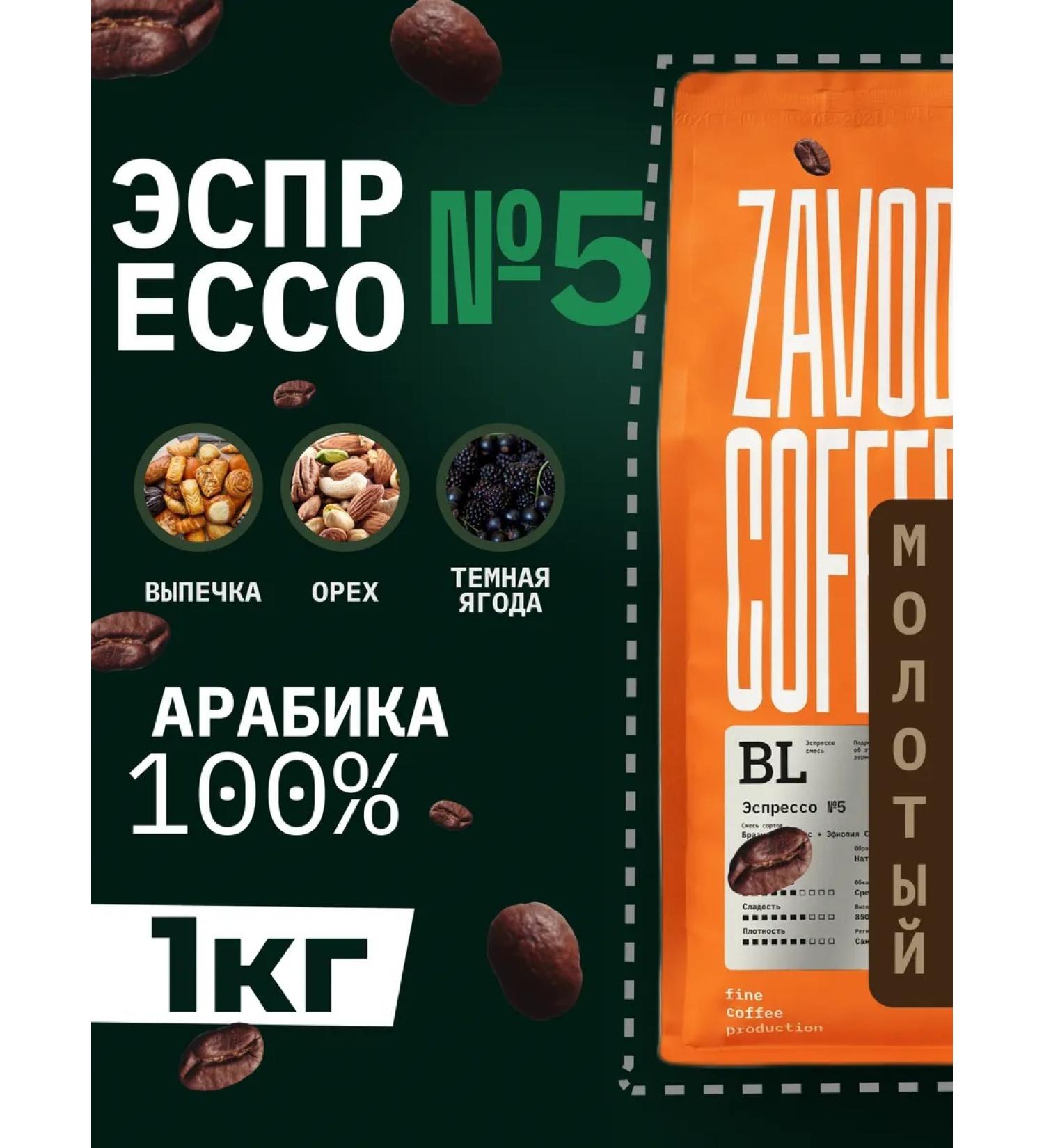 ZAVOD Coffee Ground coffee espresso No. 5 a mixture of Brazil and Ethiopia 1 kg - Buy Online on GoSupps.com