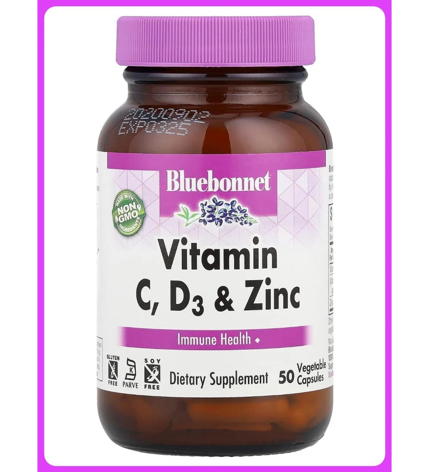 Bluebonnet Nutrition Vitamins C D3 and zinc 50 plant capsules