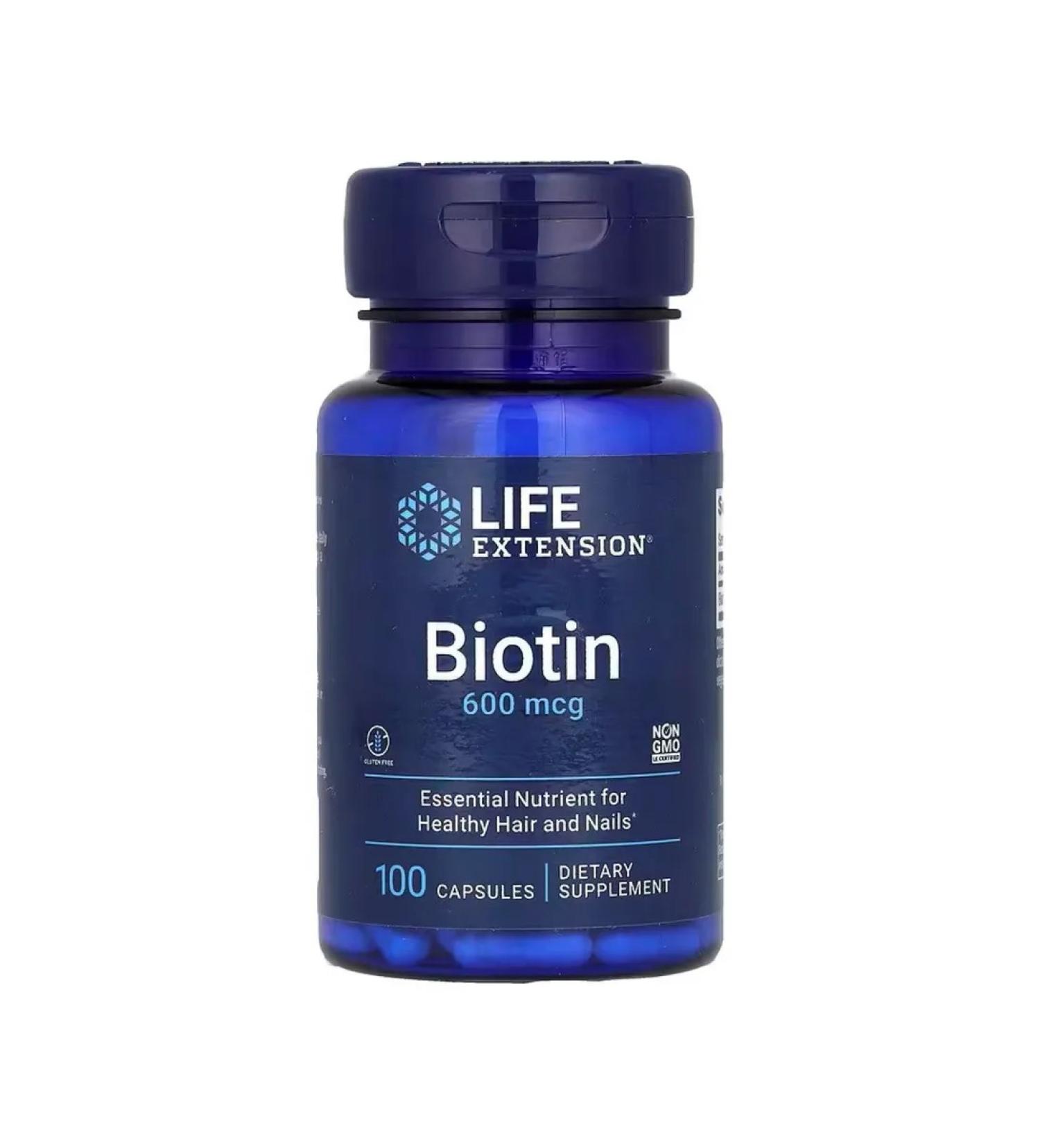 Life extension BIOTIN 600 g for hair growth 100 capsules