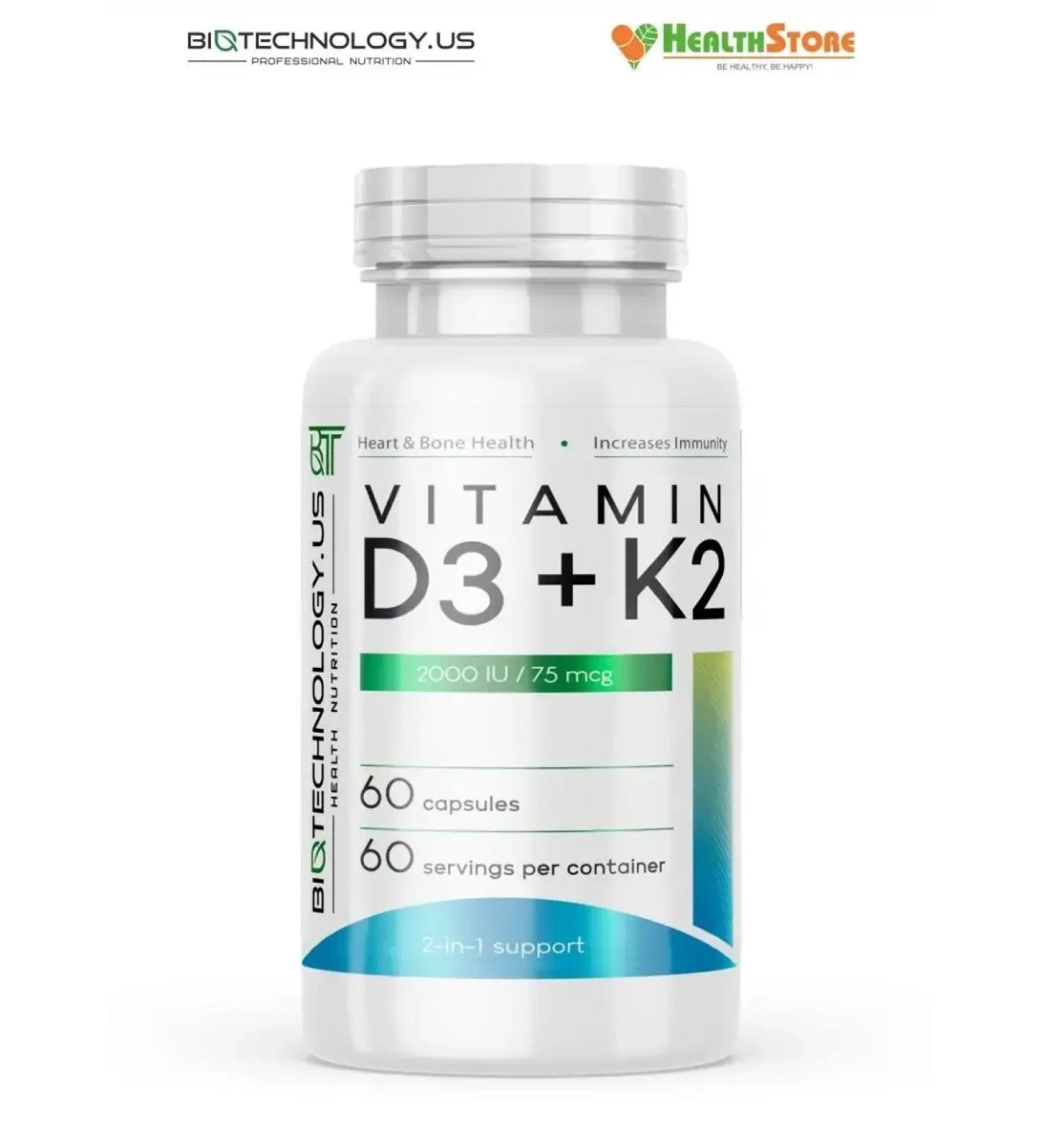 BiotechnologyUS Vitamin D3 K2 60 caps vitamin D 3 2000 Vitamin K2 MK7 - Buy Online on GoSupps.com