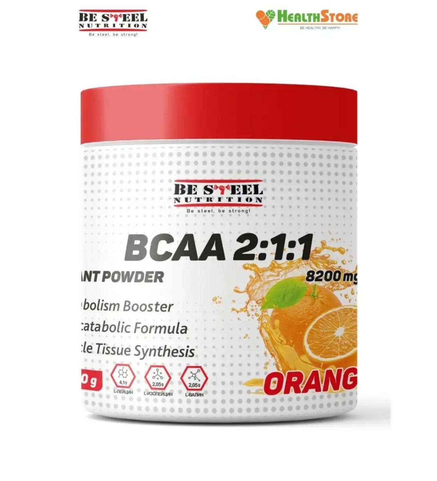 Be Steel Nutrition BCAA amino acids BCAA in powder 200g BCA 2 1 1 orange - Buy Online on GoSupps.com