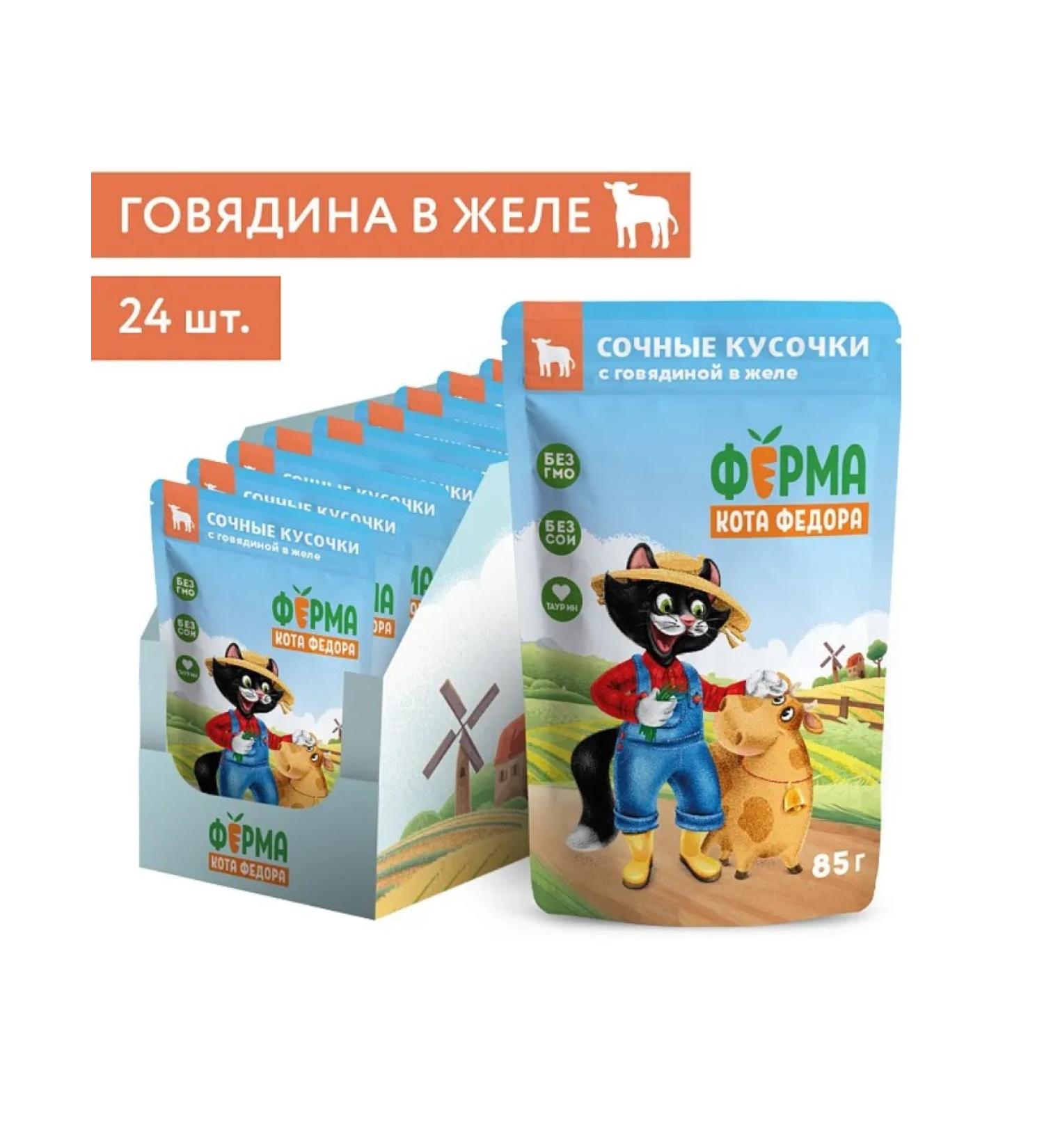 Cat Fyodor's Farm Cat food juicy pieces in jelly with beef 85g x 24 pcs - Buy Online on GoSupps.com