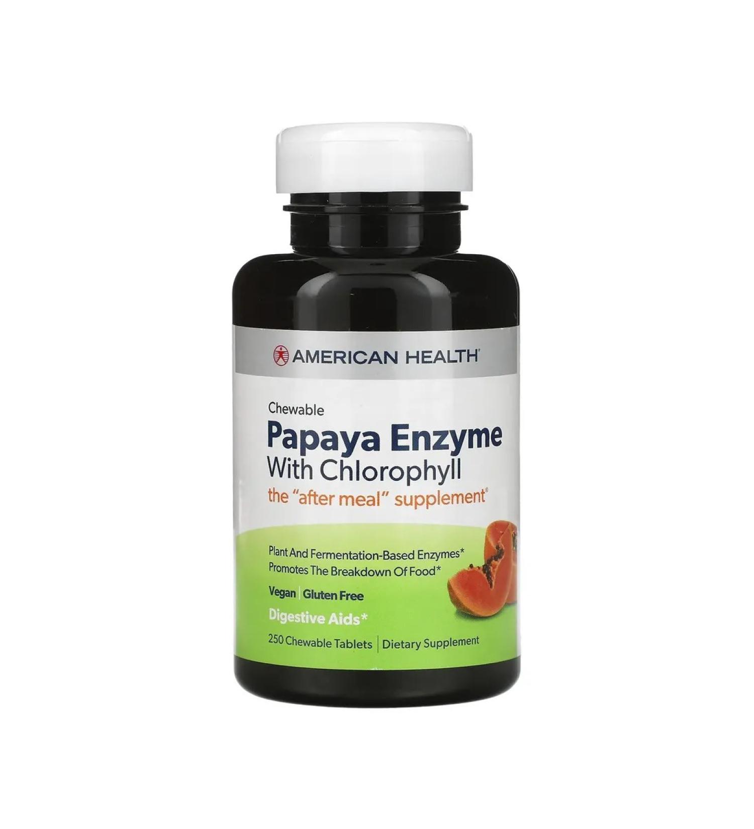 American Health Papaya's enzymes with chlorophyll 250 chewing tablets