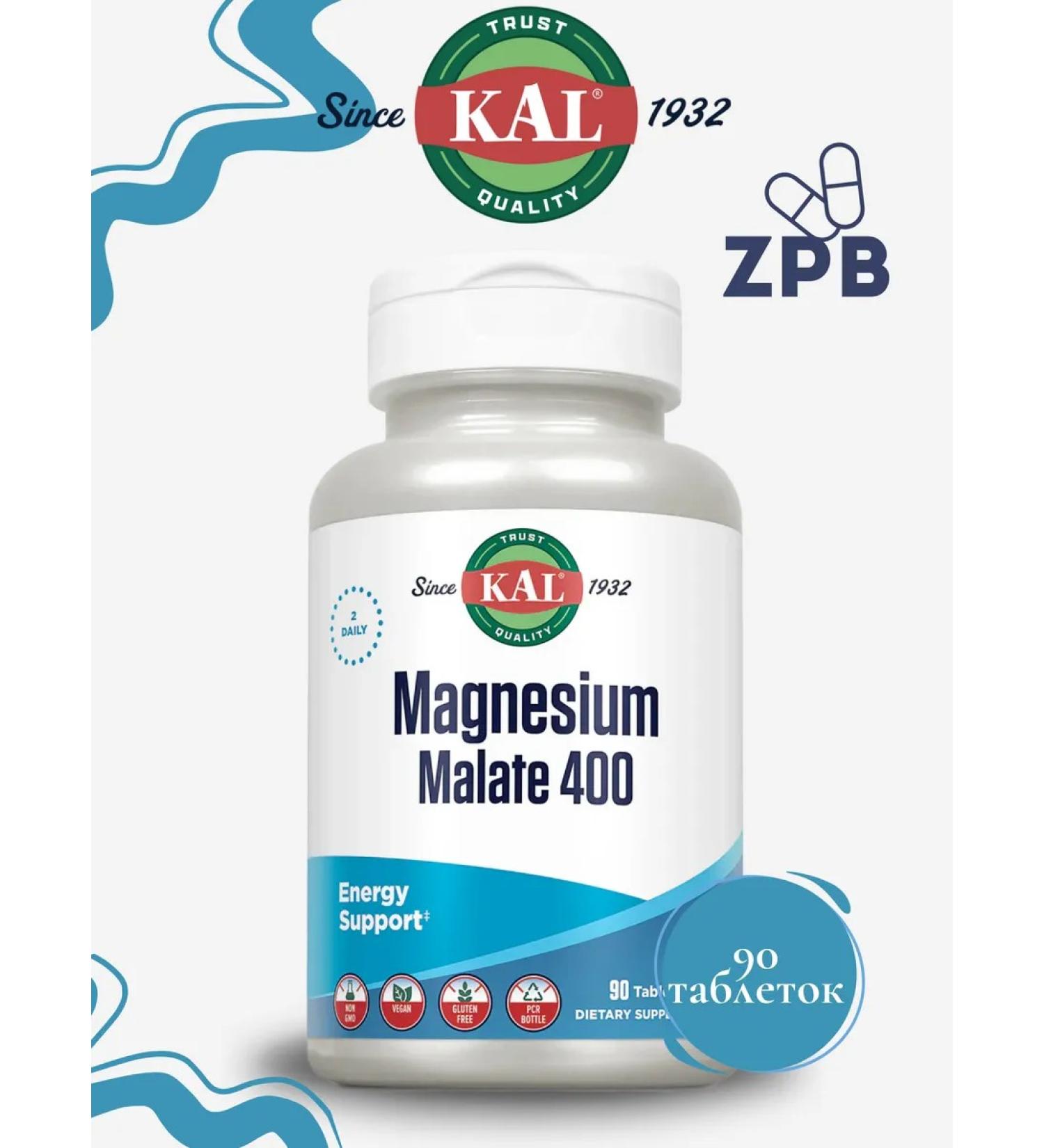 Kal Magnesium Malate Magnesium Malat 400 mg 90 tablets - Buy Online on GoSupps.com