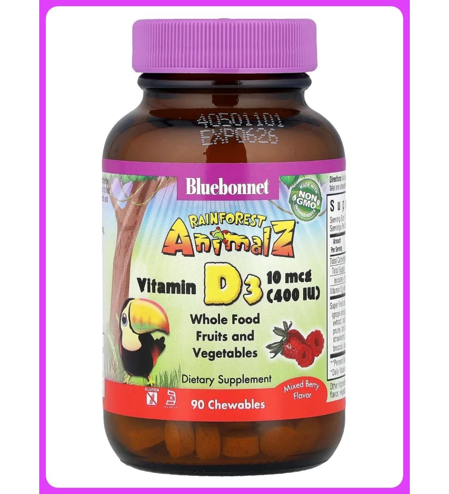 Bluebonnet Nutrition RainForest Animalz vitamin D3 Berry 400 IU 90 tablets