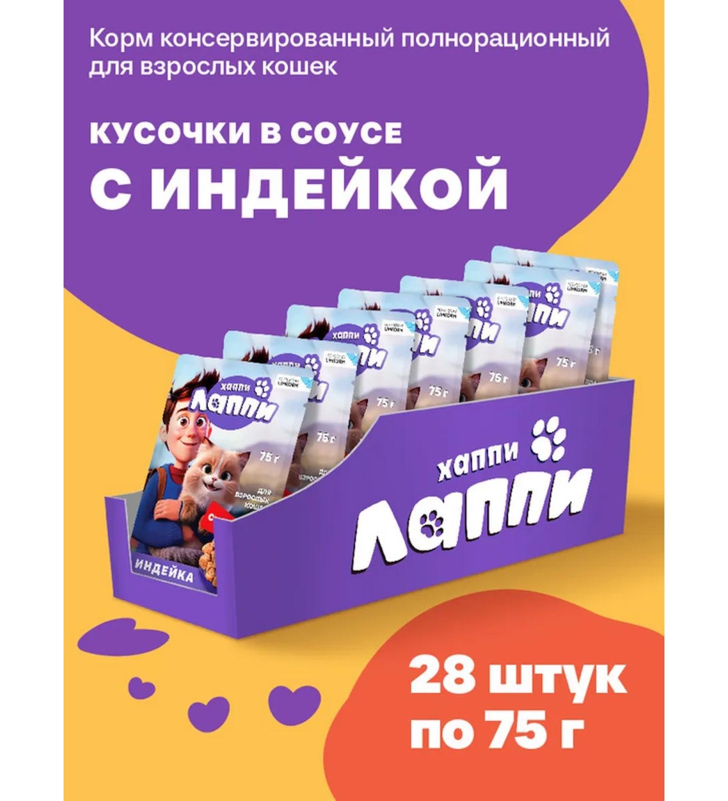 Happy Lappy Wet food for cats pieces in a sauce with turkey 75g*28 pcs - Buy Online on GoSupps.com