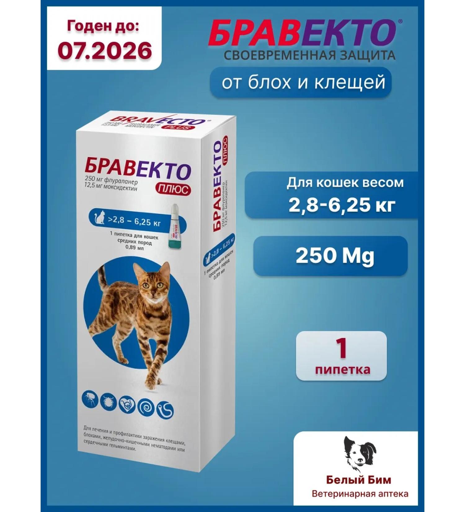 Braveto Drops for weights 2 8 - 6 25 kg 250 mg