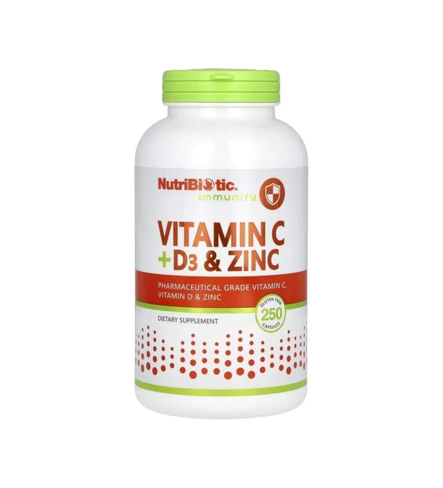 NutriBiotic Vitamin C + D3 & ZINC Vitamins C + D3 and zinc 250 capsules