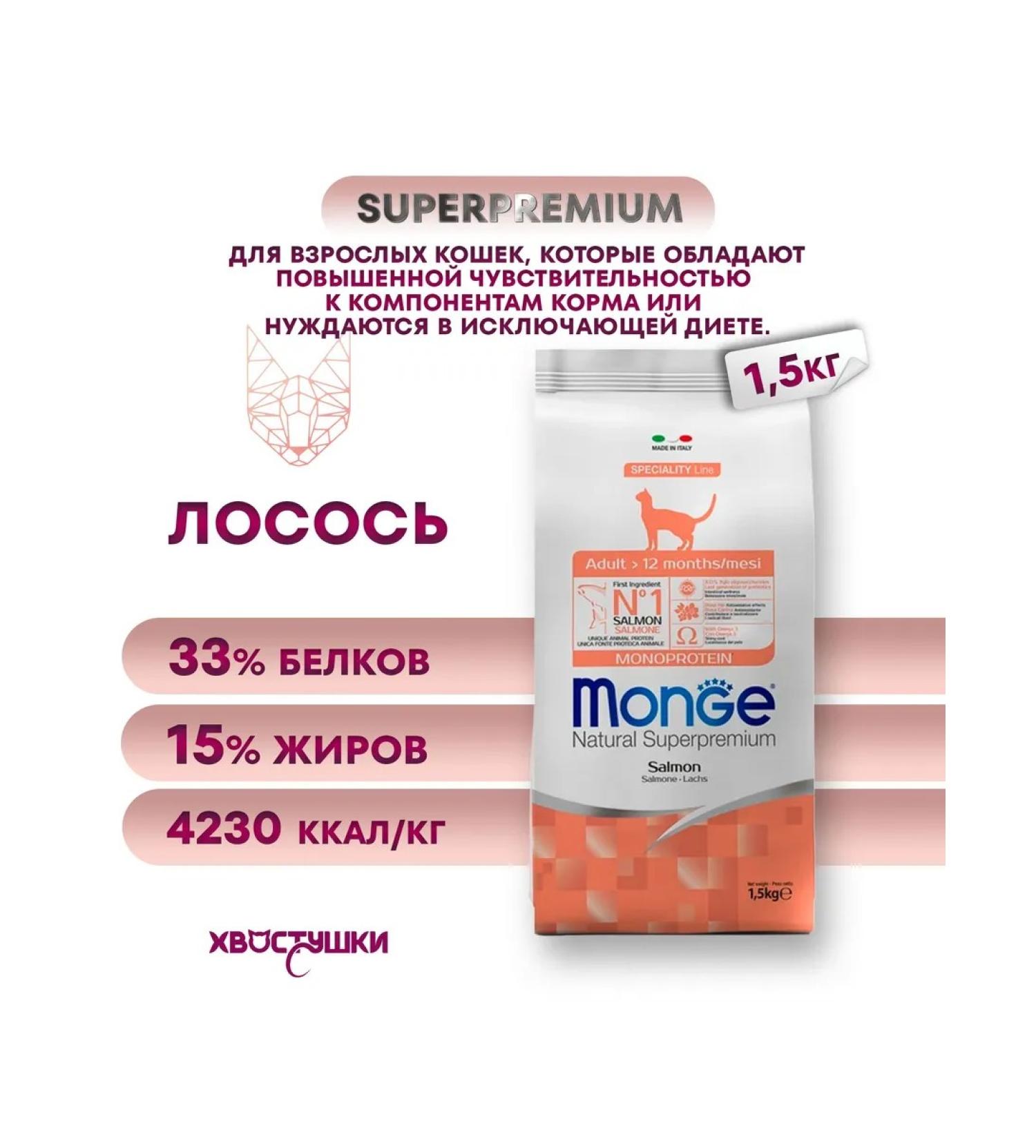 MONGE Dry food for adult cats (salmon) 1.5 kg - Buy Online on GoSupps.com