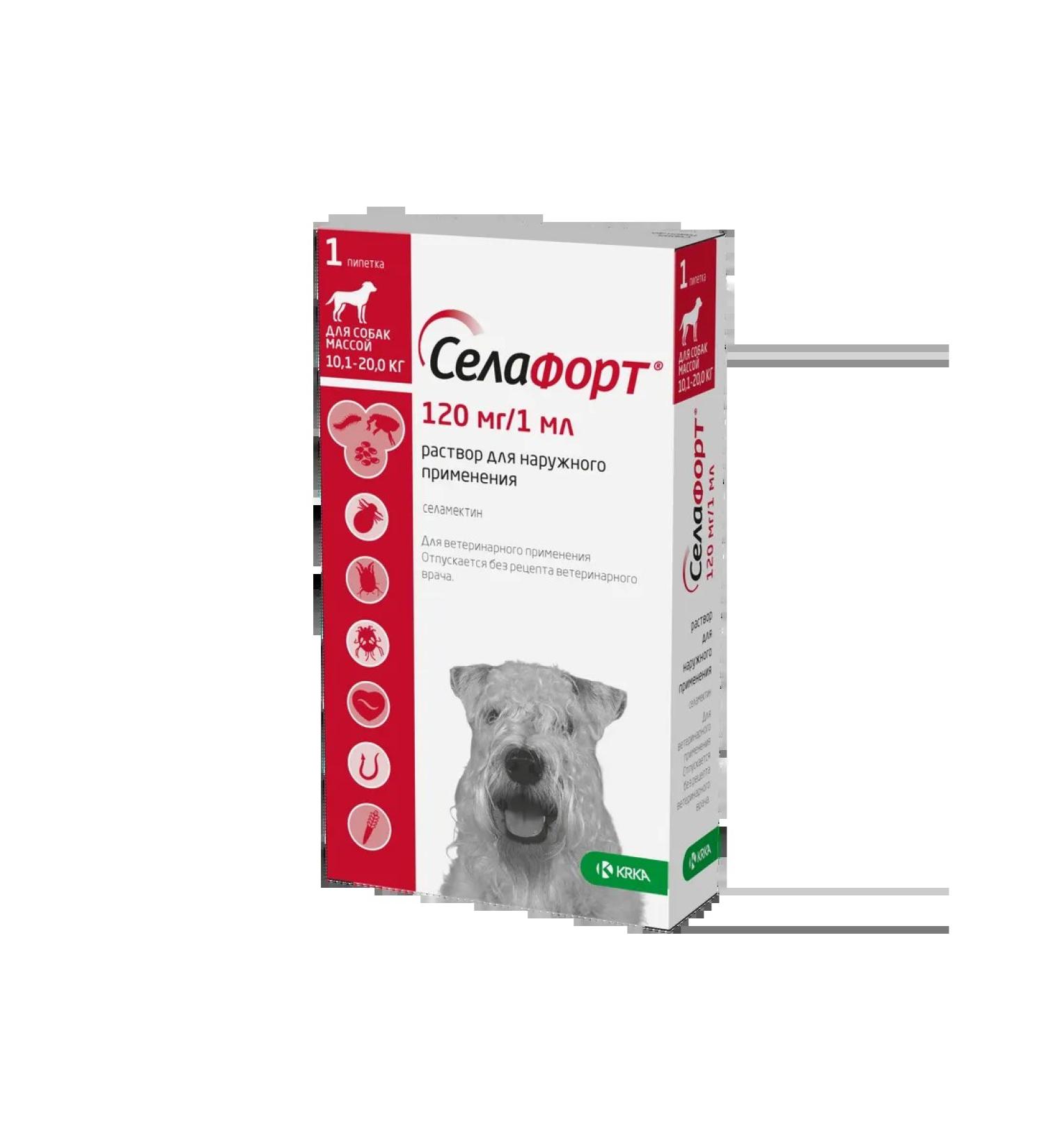 KRKA Selafort Selamectin drops on the withers for dogs weighing 10.1 to 20 kg against fleas ticks and helminths 120 mg