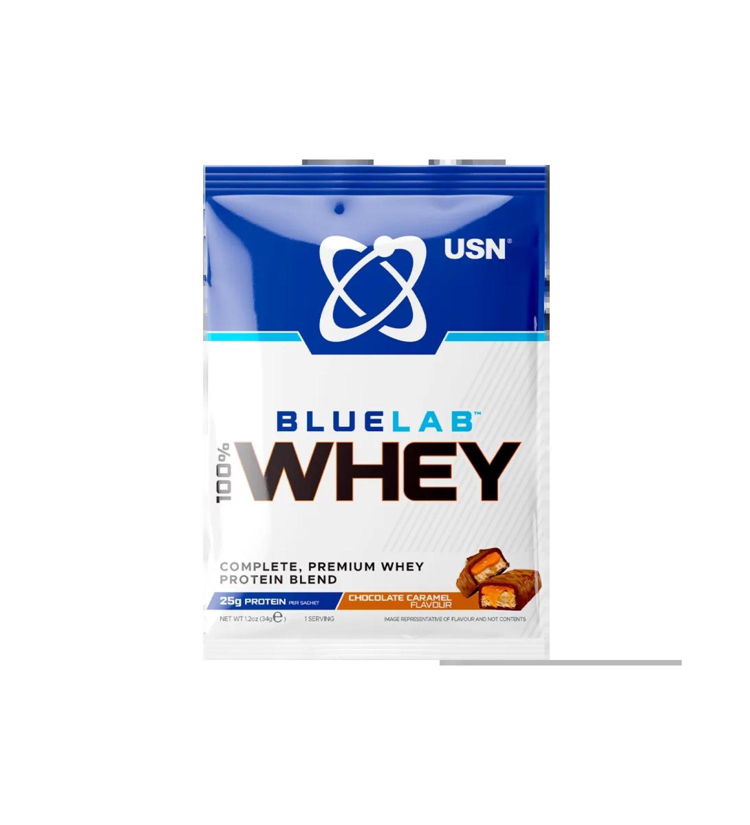 USN Blue Lab Whey 34 g protein with a taste of caramel-chocolate