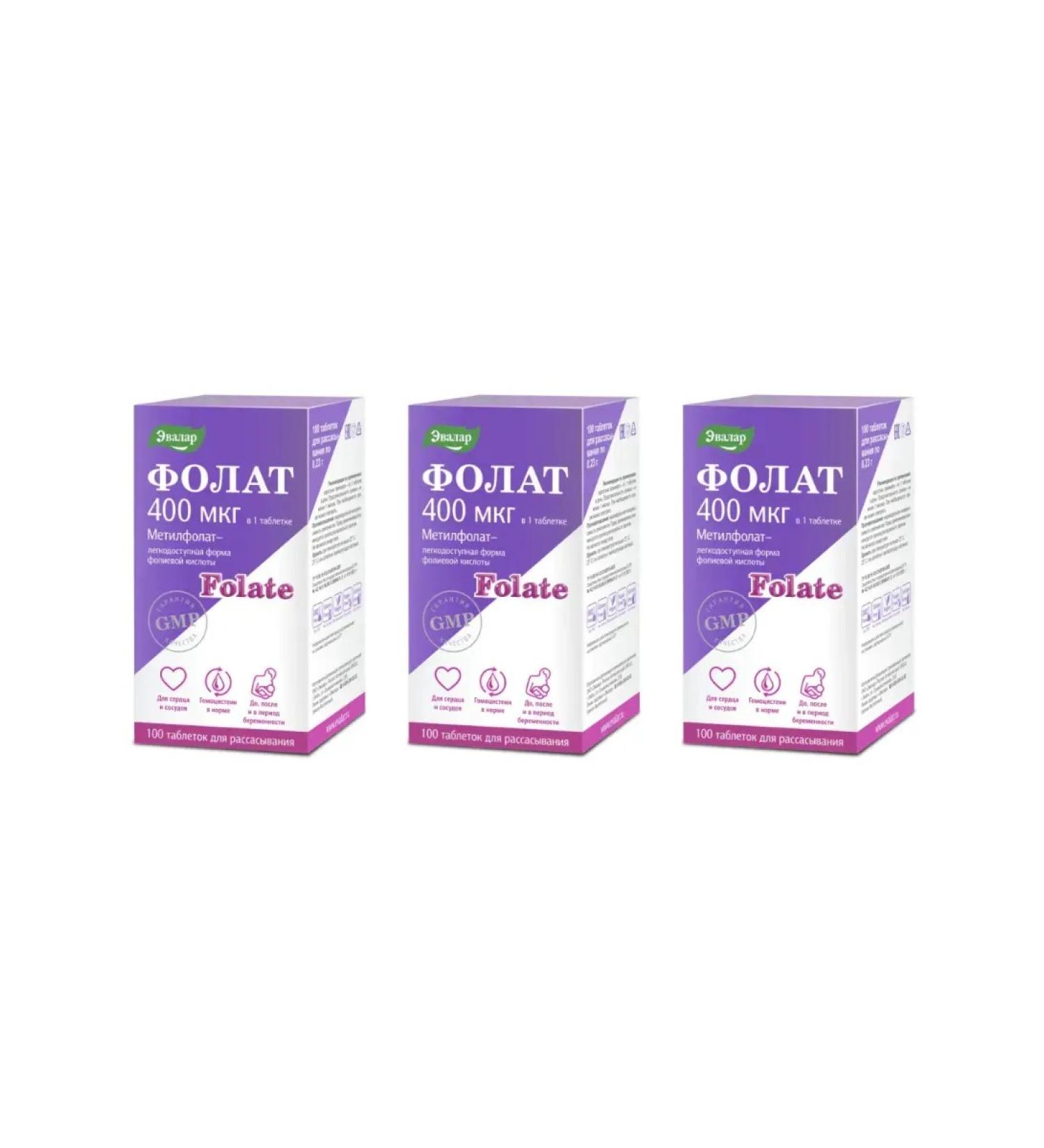 Evalar Folat 400 g (folic acid) 100 tablets of 0.23 gx 3 - Buy Online on GoSupps.com