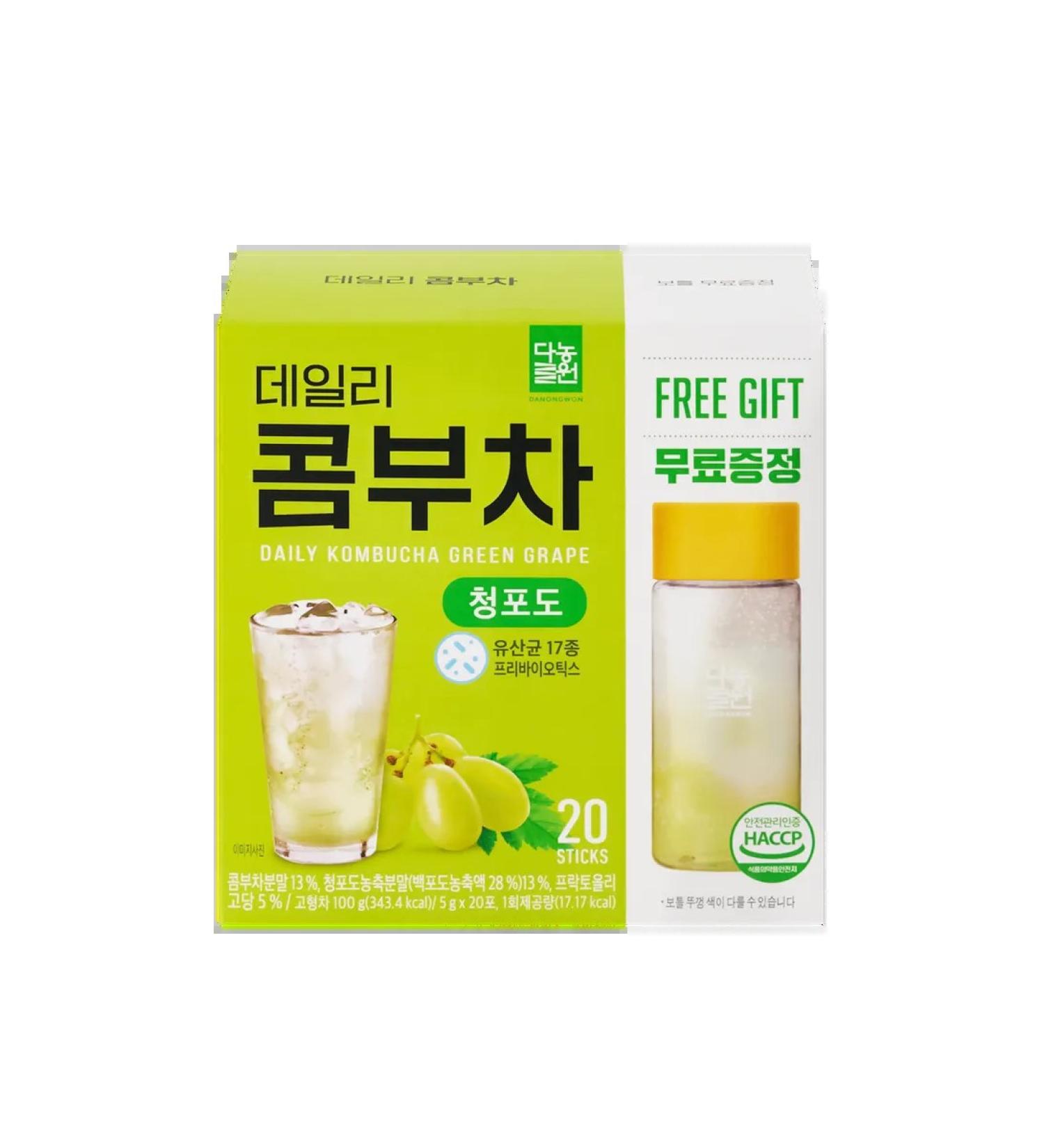 Danongwon Powder drink with a bottle of Daily Kombucha Green Graph