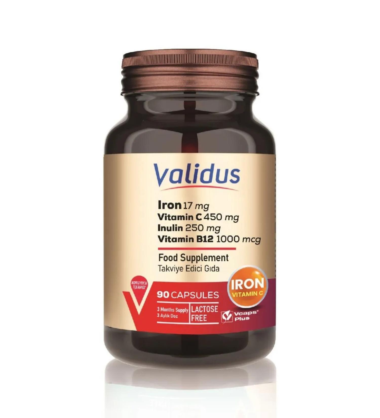 Validus Iron 17 mg + vitamins C and B12 + inulin 250 mg 90 capsules - Buy Online on GoSupps.com