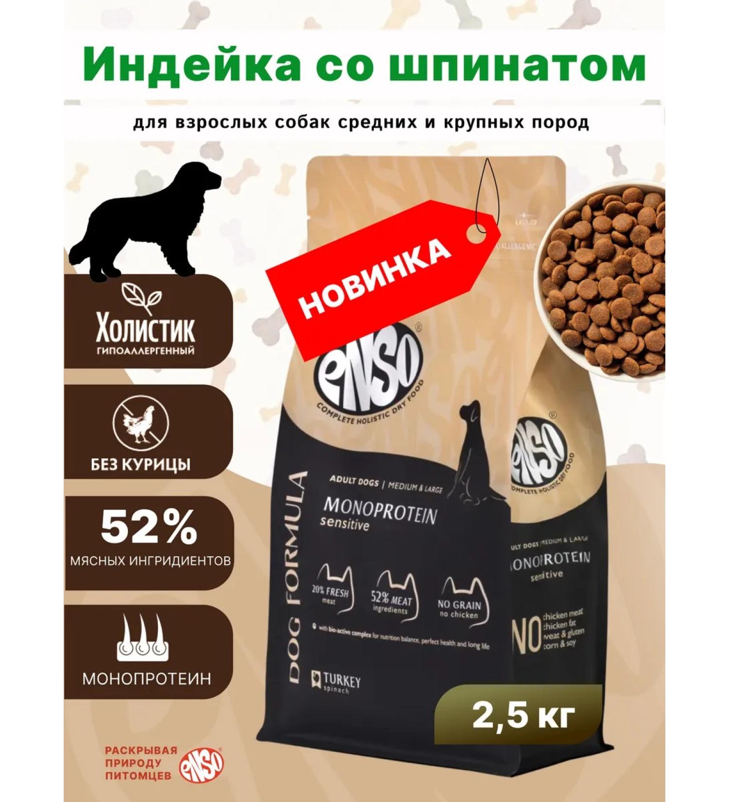 Enso Dry food for adult dogs of medium and large breeds with turkey and spinach 2.5 kg - Buy Online on GoSupps.com