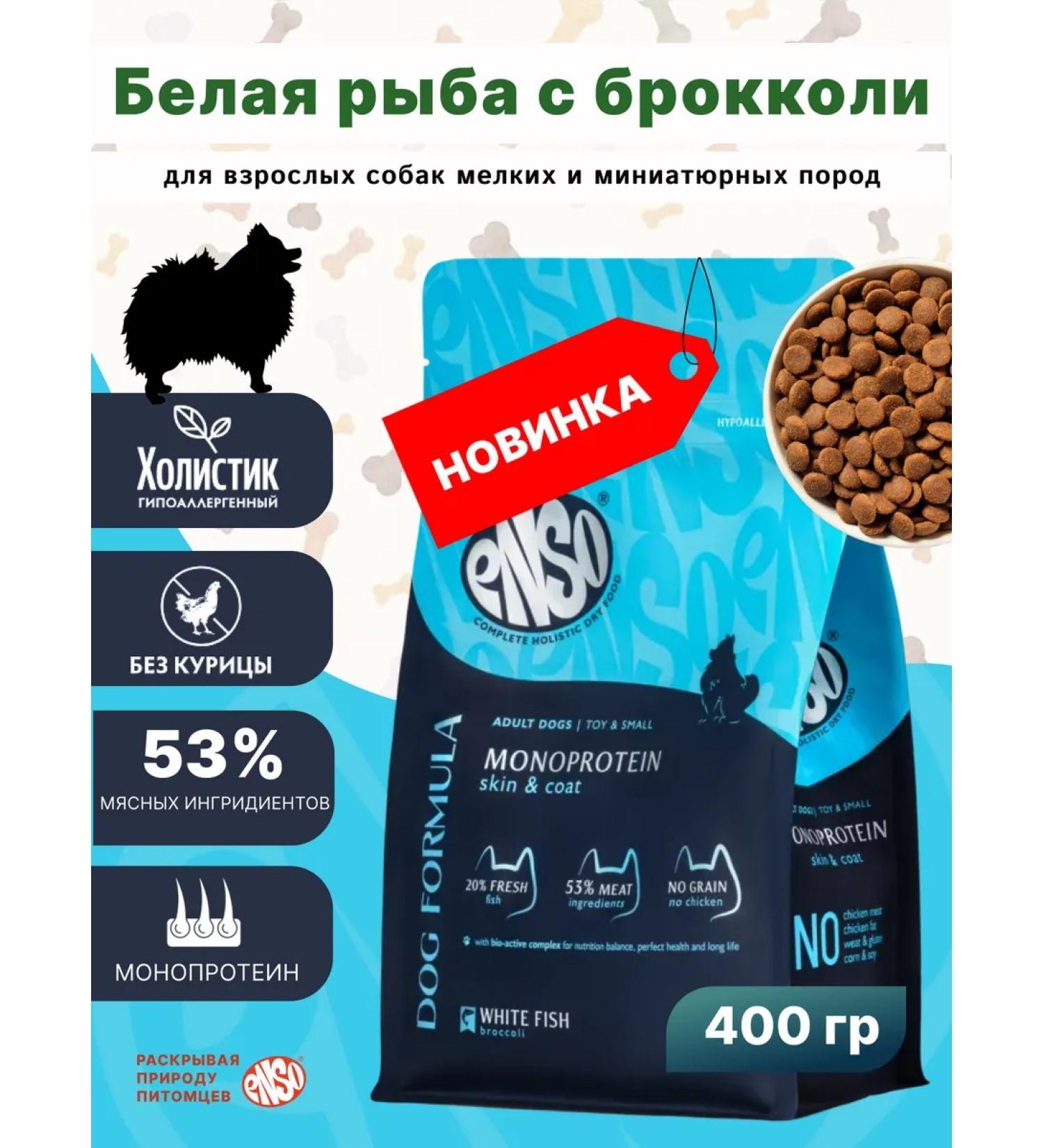 Enso Dry food for adult dogs of small and miniature breeds with white fish and broccoli 0.4 kg - Buy Online on GoSupps.com